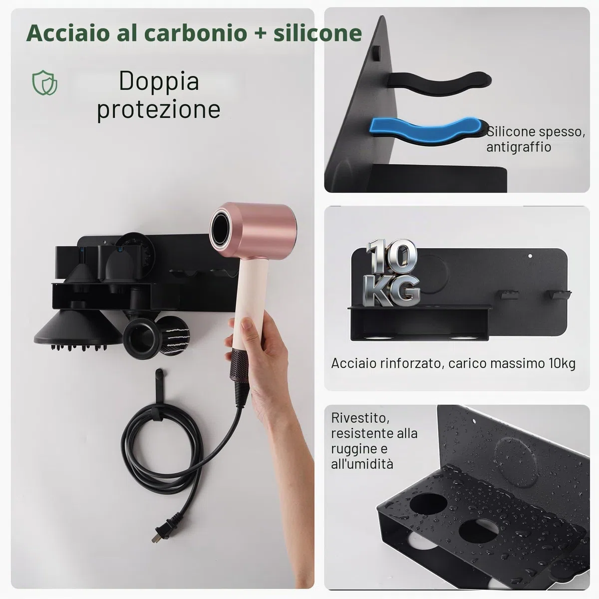 6-in-1 Porta Phon in Metallo Senza Foratura Compatibile con Dyson Supersonic Nural HD16 e HD19, Porta Phon a Parete con Supporto per la Spina, 5 Bocchette Diffusori, 29 * 12cm