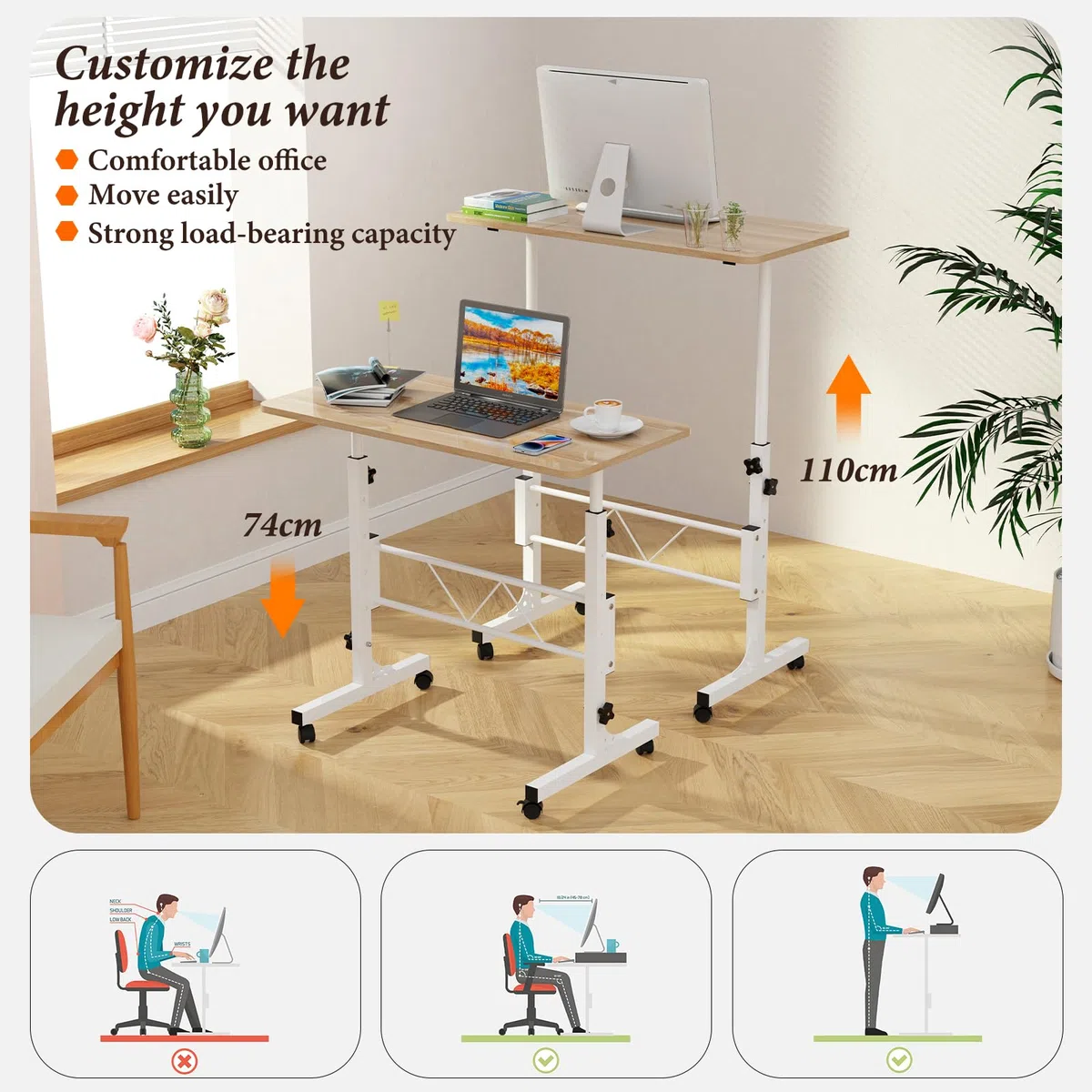 PIPIPOXER 80 x 40 cm, tavolo per computer portatile con ruote, altezza regolabile 69 – 110 cm, tavolo mobile da sopravvento, tavolo girevole a 360, tavolino per divano, legno