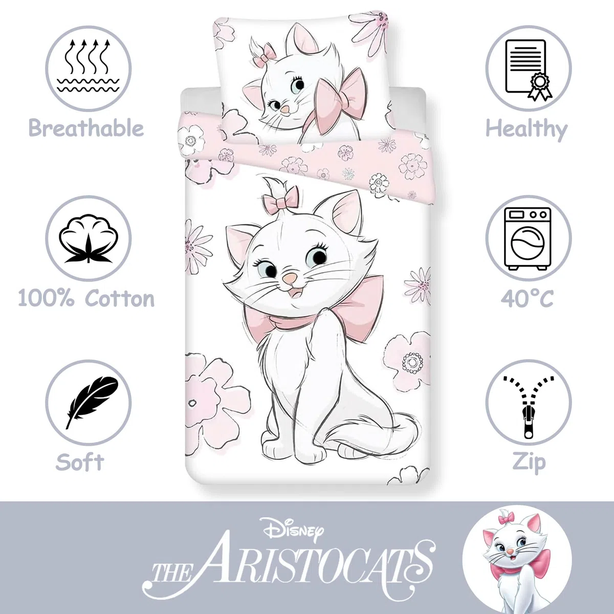 Jerry Fabrics Aristogatti Marie Flowers - Set copripiumino singolo e federa, 100% cotone, dimensioni europee, set copripiumino reversibile per bambini, comodo e traspirante, design carino
