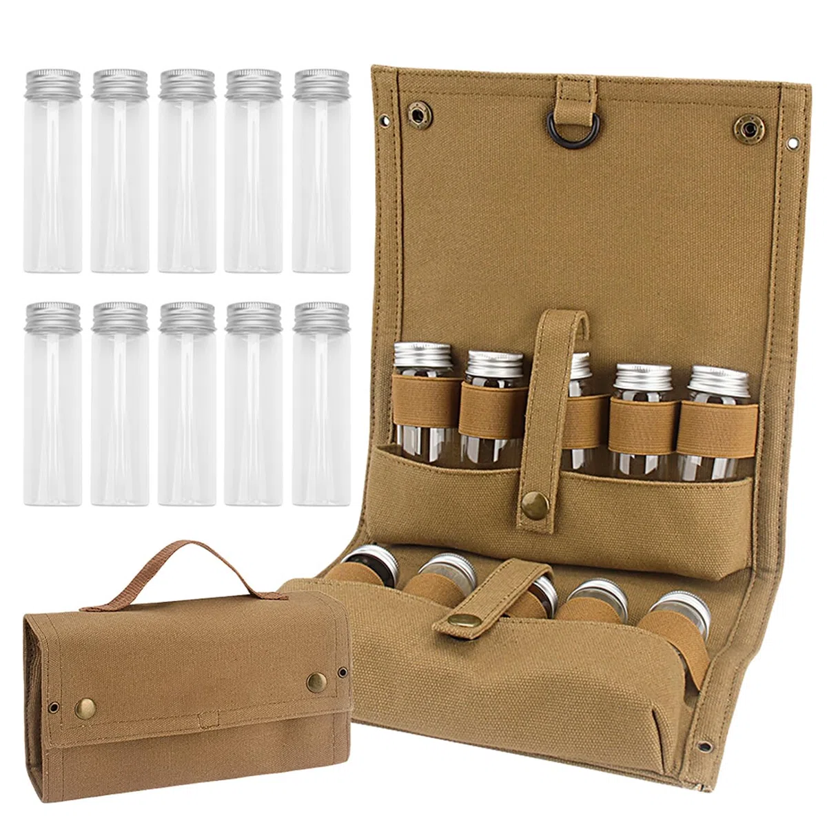 Borsa Porta Spezie Portatile, Kit Di Spezie Da Campeggio Con 10 Bottiglie Di Condimento, Portaspezie Portatile Con Custodia Pieghevole, Contenitori Per Condimenti Per Viaggi (Cachi)