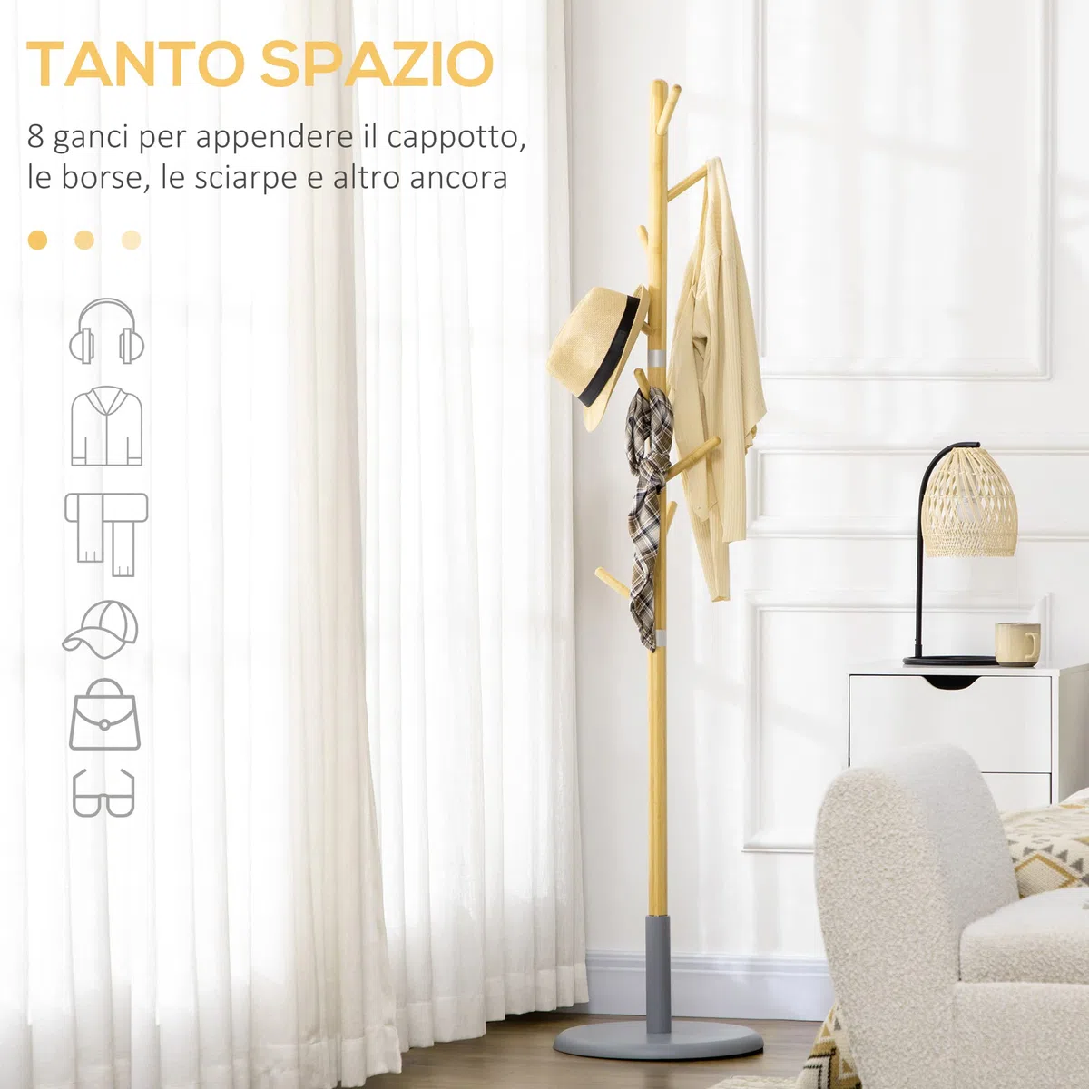 HOMCOM Albero Appendiabiti a 8 Ganci con Base Rotonda, Appendiabiti da Terra in Bambù, Legno e Metallo, Ø37.8x175.6 cm, Color Legno e Grigio