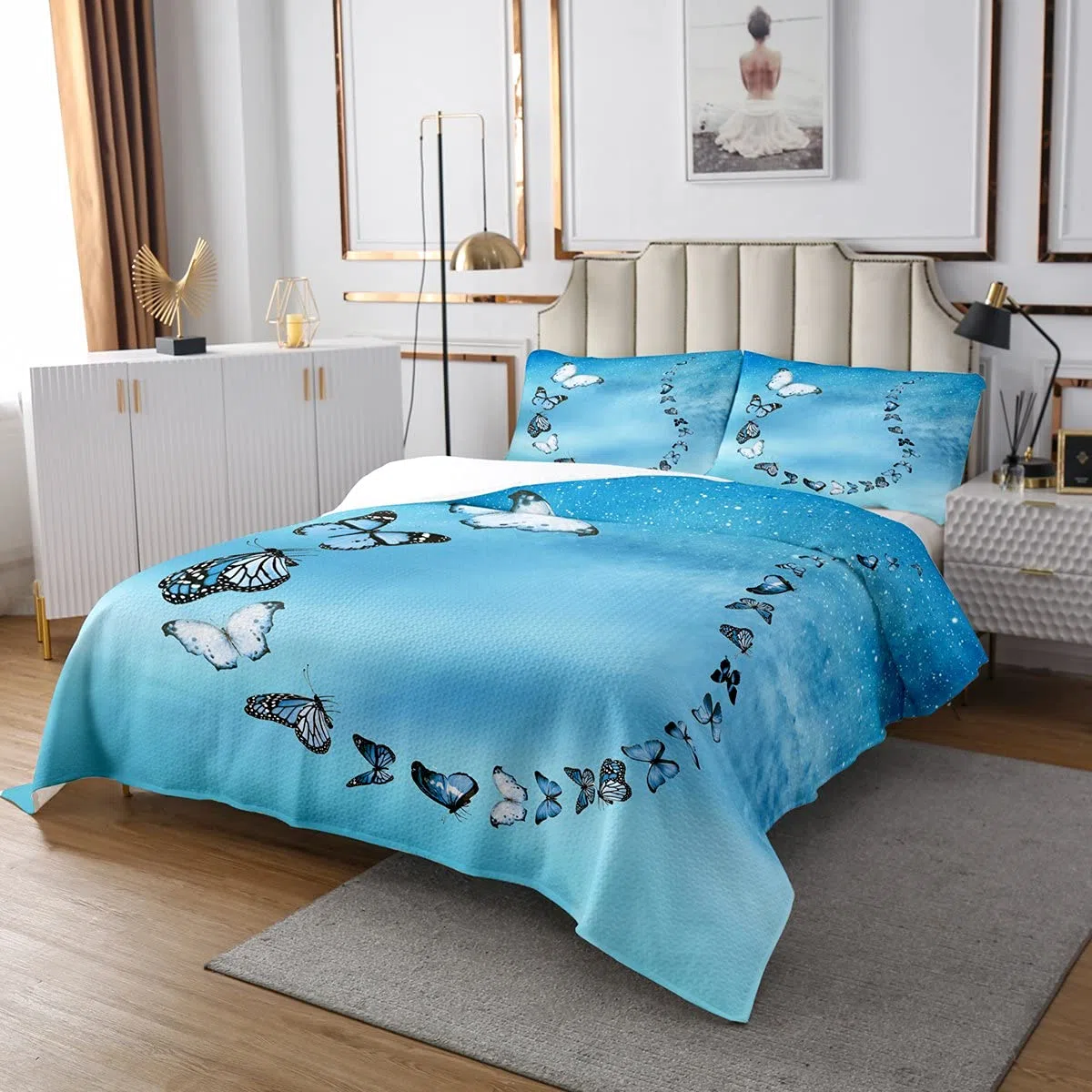 Coperta trapuntata per bambini con farfalla blu e bianca fantasia galassia farfalla per ragazzi e ragazze sfumato blu trapunta set fata Dreamy Flying Animal biancheria da letto 2 pezzi for170X230cm