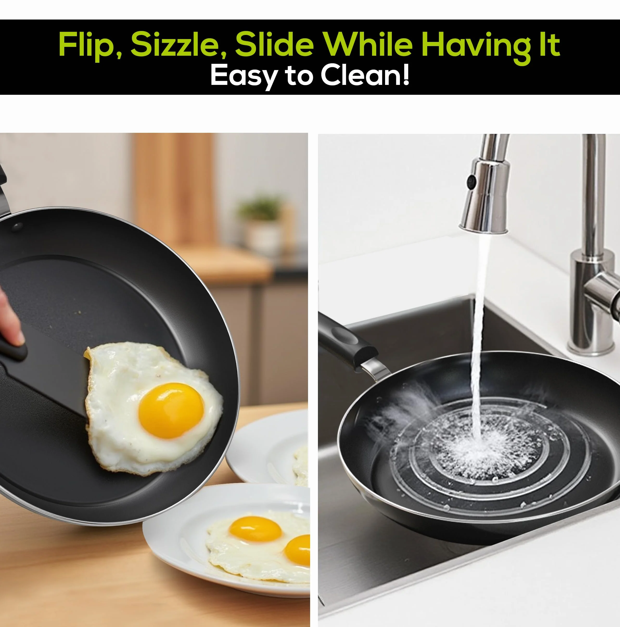 KICHLY Set Padelle antiaderenti in alluminio – set padella 3 pezzi induzione fondo, 20cm, 24cm e 28cm, nero