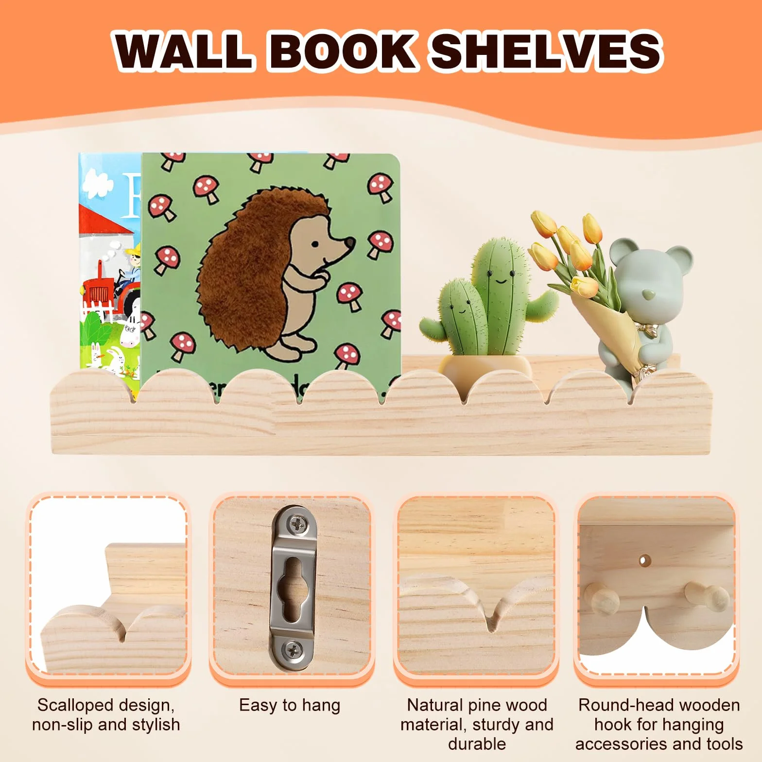 Set di 3 mensole da parete in legno massello per bambini - Librerie con 6 ganci per libri e giocattoli - Mensola Montessori 40 cm - Mensola sospesa con curve per bambini e bambine