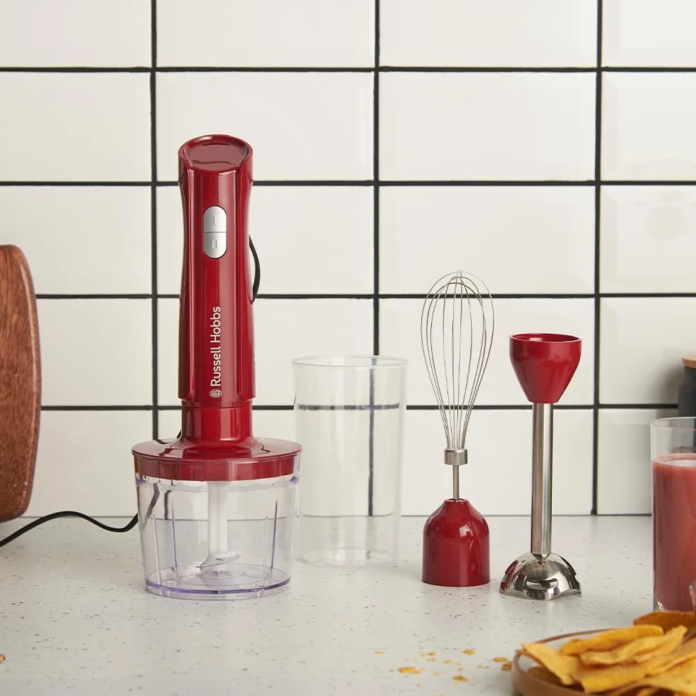 Russell Hobbs Frullatore a Immersione [3 in 1: Frullatore, Frusta e Lame Tritatutto] Desire Rosso (600ml, Parti lavabili in lavastoviglie, Lame acciaio inox, Per frullati, zuppe, salse) 27142-56