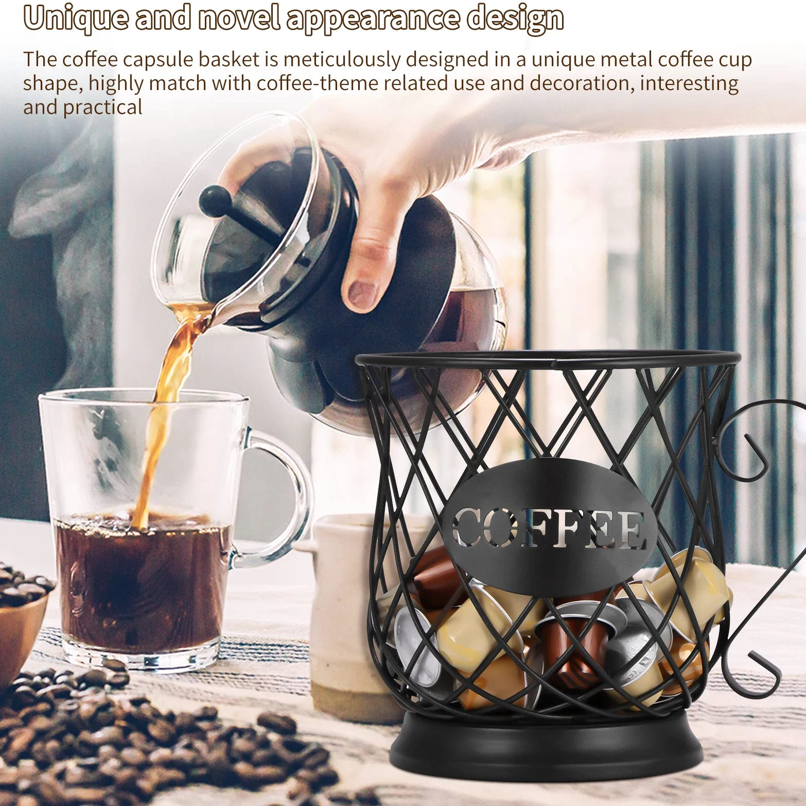 Cesto per Capsule da Caffè, Organizzatore di Cialde, Cestino Portaoggetti Design Originale Nero, Accessori Perfetti Grande Capacità