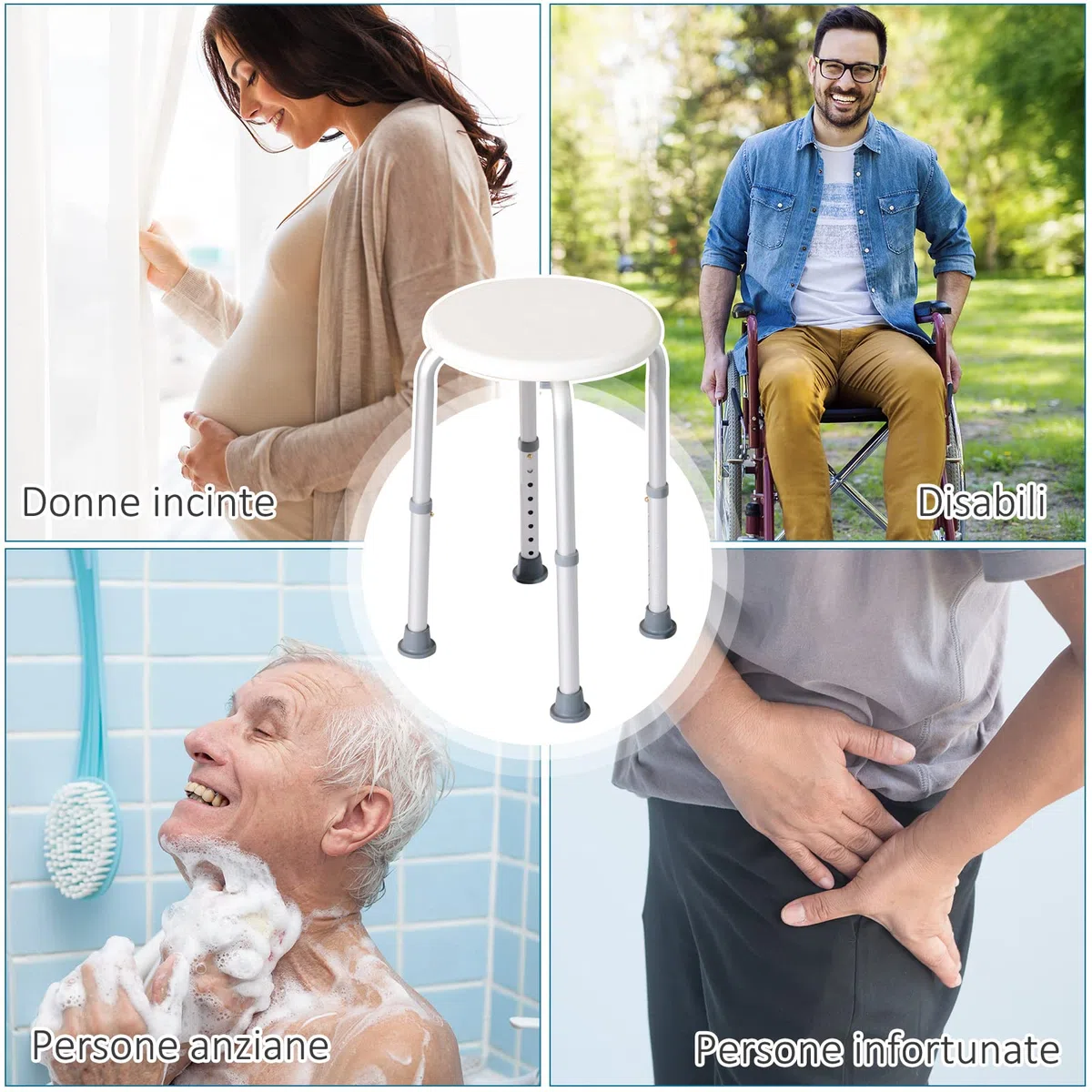 HOMCOM Sgabello da Doccia Girevole a 360° con Piedini Antiscivolo e Regolabile in Altezza su 8 Livelli, Sgabello per Doccia in Alluminio e PE, 32.5x41x35.5-54 cm, Bianco
