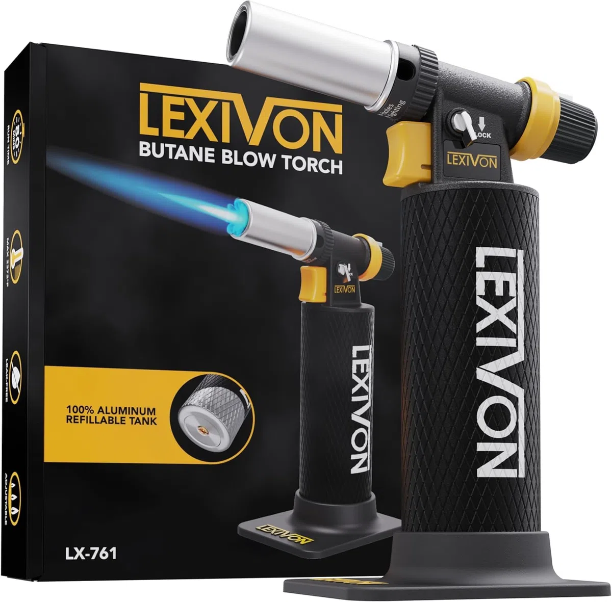 LEXIVON Torcia a Gas Butano, Accendino Ricaricabile Professionale con Fiamma Regolabile e Serbatoio in Alluminio di Qualità Professionale | Ideale per Saldatura e Uso in Cucina (LX-761)
