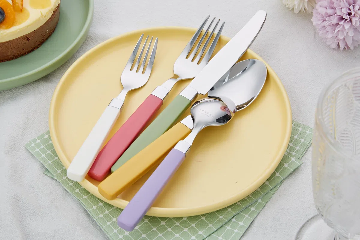 ANNOVA Set di posate in acciaio inox - Manici colorati - Forchette per la cena, forchette per l'insalata, coltelli da tavola, cucchiai e cucchiaini (mix, 20pieces)