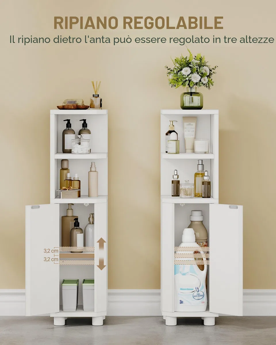 Hzuaneri Mobile da Bagno, Mobiletto Angolare per Bagno con Ante - Organizzatore Stretto per Water con Ripiano Regolabile, 2 Spazi Aperti e 2 Porte Laterali, 20 x 20 x 79 cm, Bianco BC20003X