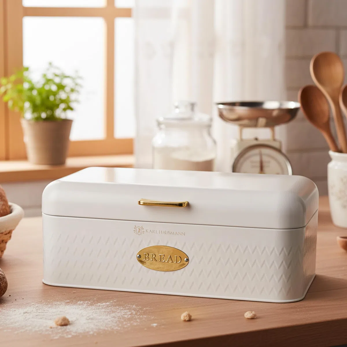 KARL HAUSMANN Portapane Bianco In Acciaio Inox - 42,5 x 23 x 16,5 cm - Grande Contenitore Per Pane, Panini E Prodotti Da Forno, Porta pane Moderno Con Fori Di Ventilazione Per Cucina