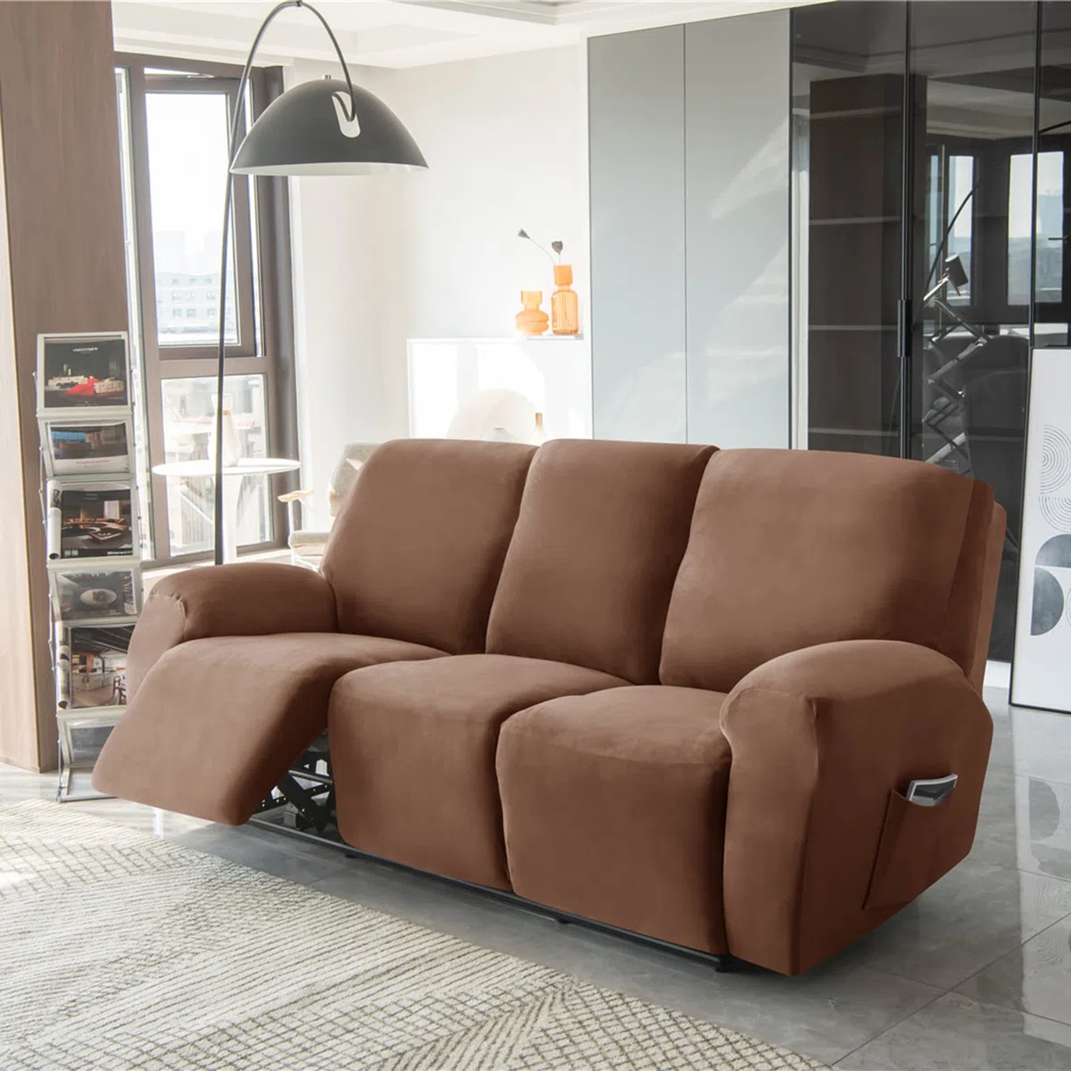 Copripoltrona Relax Elasticizzato per 1 2 3 Posti, Morbido Velluto Fodera per Poltrona Reclinabile Copridivano Sofa Protettore Fodera per Divano Antiscivolo(Caffè,3pcs)