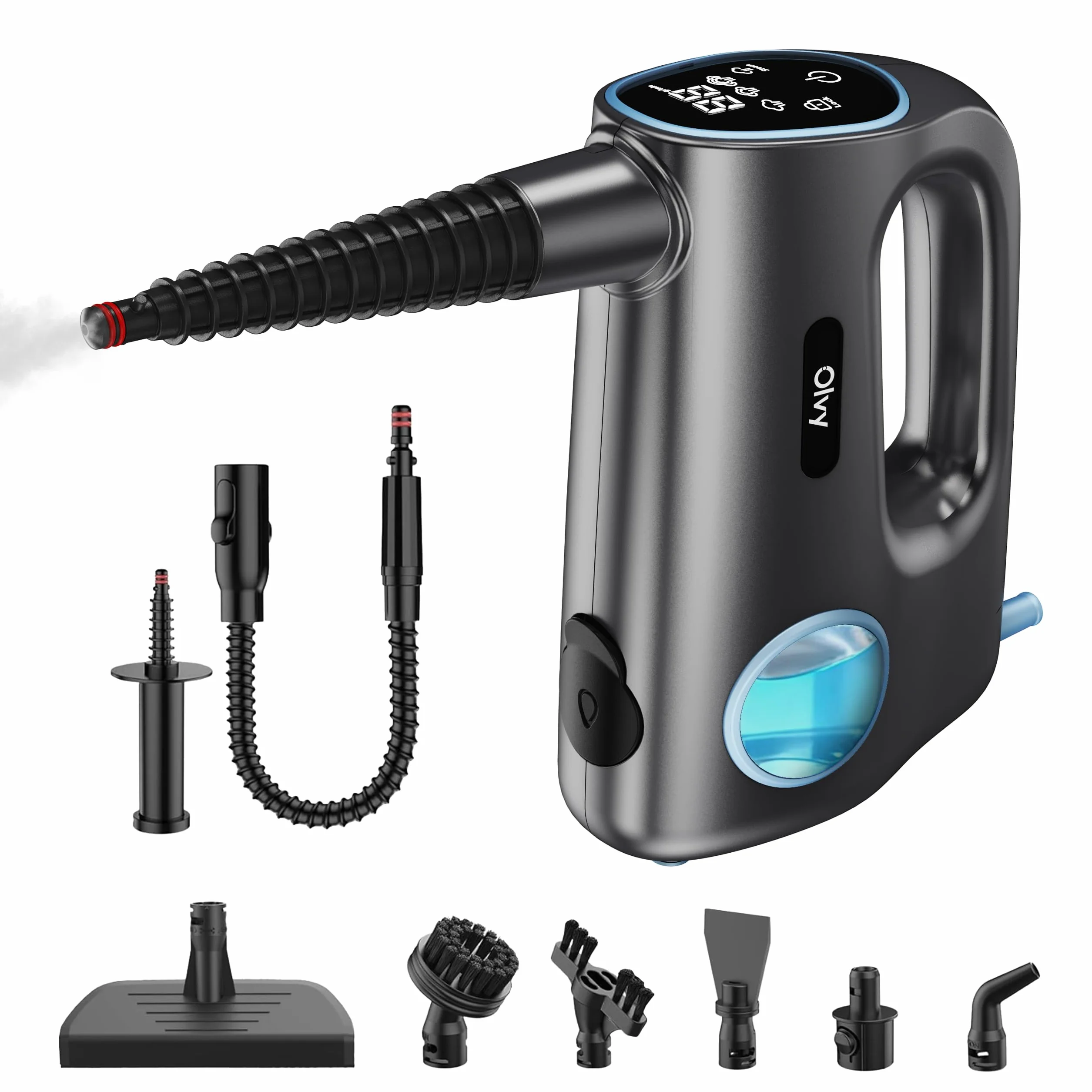 Olvy Pulitore a vapore manuale 1200 W Pentola portatile ad alta pressione con 3 livelli di vapore e set di accessori da 10 pezzi, serbatoio da 380 ml, per piastrelle di casa, mobili cucina e bagno