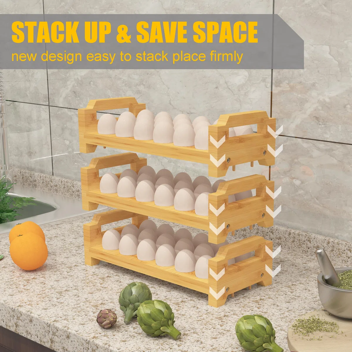 Portauova in bambù, design impilabile per 36 uova, vassoio per uova fresche della fattoria, organizer da cucina in legno, adatto per uova di quaglia, anatra, tacchino e gallina