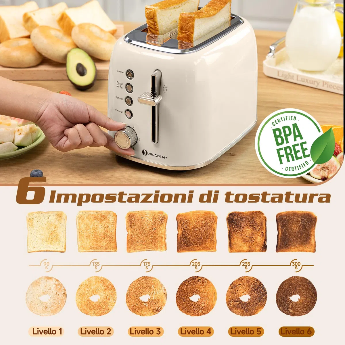 Aigostar Tostapane vintage, 2 fette con fessure extra larghe, 4 funzioni con funzione bagel, tostapane, 6 livelli di tostatura, 800W, acciaio inossidabile, vassoio raccogli briciole rimovibile, Cream