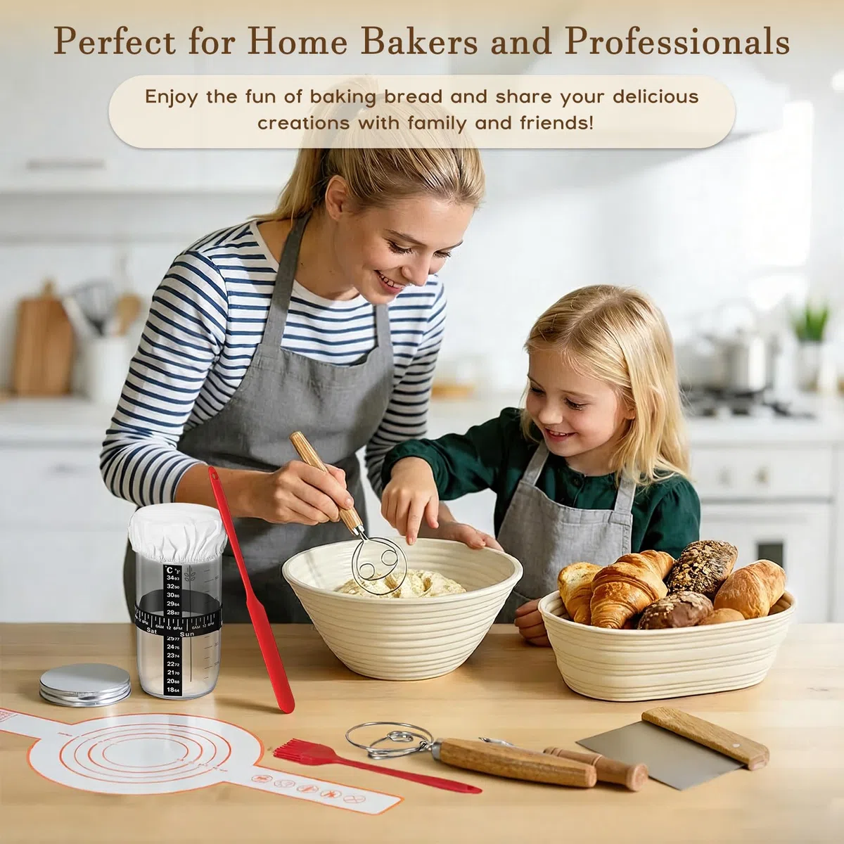 19 Pezzi Set di Cestini Lievitazione Pane 23cm e 25cm Cestino Lievitazione Pane con Raschietto per Pasta, Frusta per Impasto Kit Completo per Pasta Madre per Principianti, Panettiere Esperto