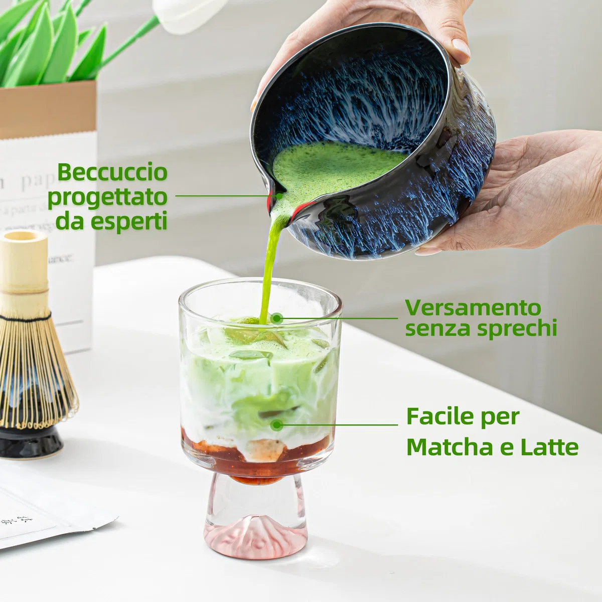 TEANAGOO MATCHA KIT 7 pezzi, Matcha Cerimoniale, kit Junware blu, set da tè matcha per preparare la colazione/latte, ciotola in ceramica (chawan) con beccuccio e frusta