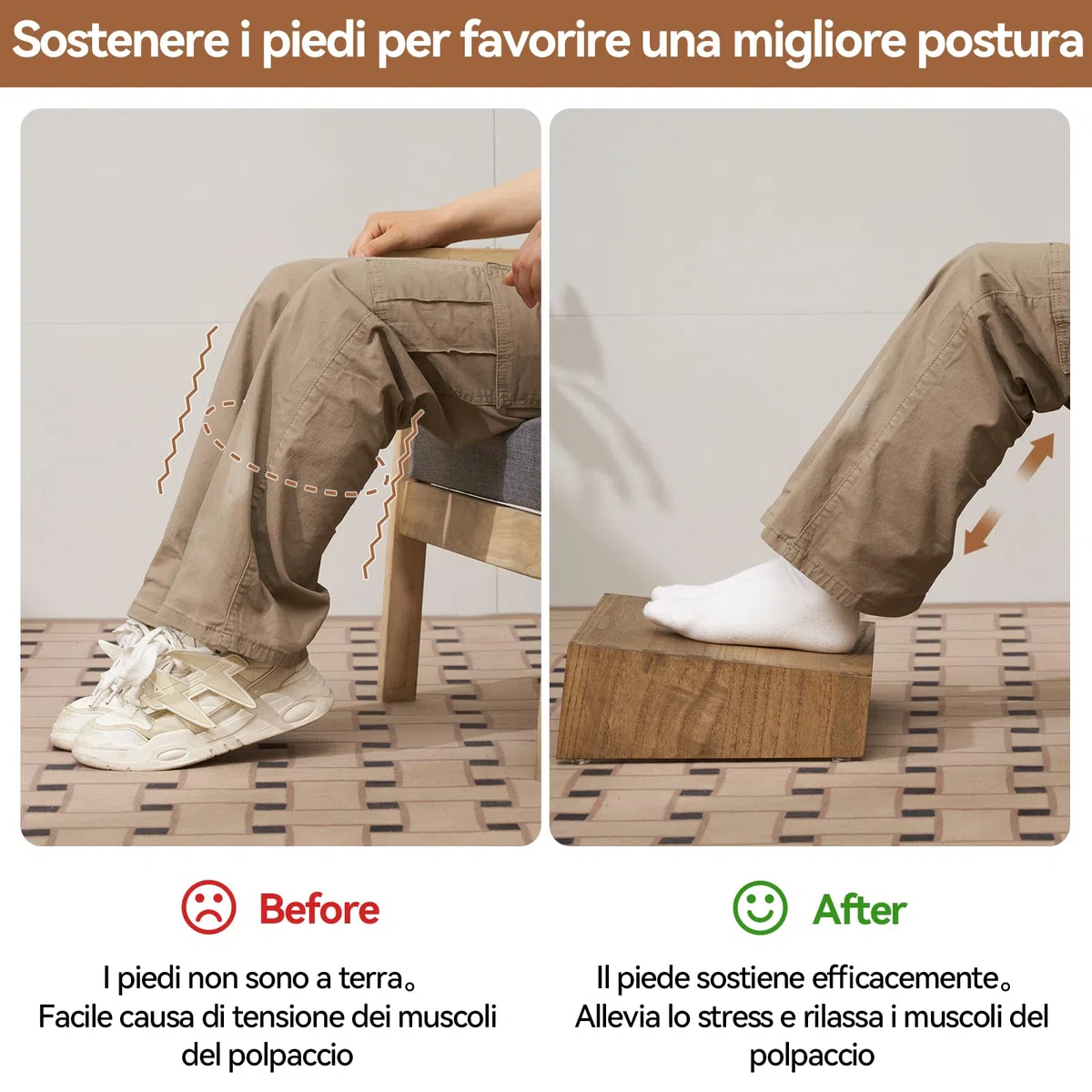 KIRIGEN Sgabello da tavolo in legno regolabile in altezza Supporto poggiapiedi ergonomico portatile per una migliore postura giallo-marrone