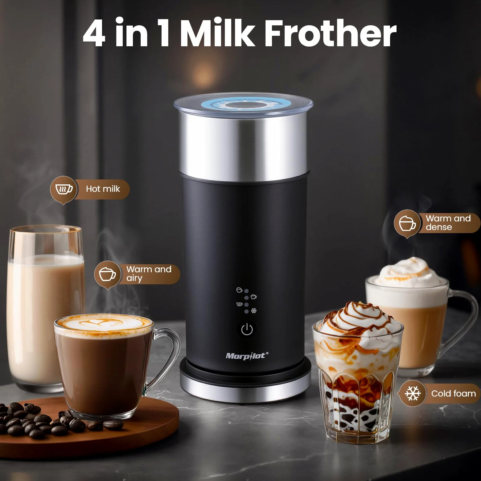 Montalatte Elettrico Automatico, Morpilot Milk Frother, 4 in 1 Funzione, Capacità Massima 115 ml - Modalità Schiuma, 240 ml - Modalità Latte Caldo