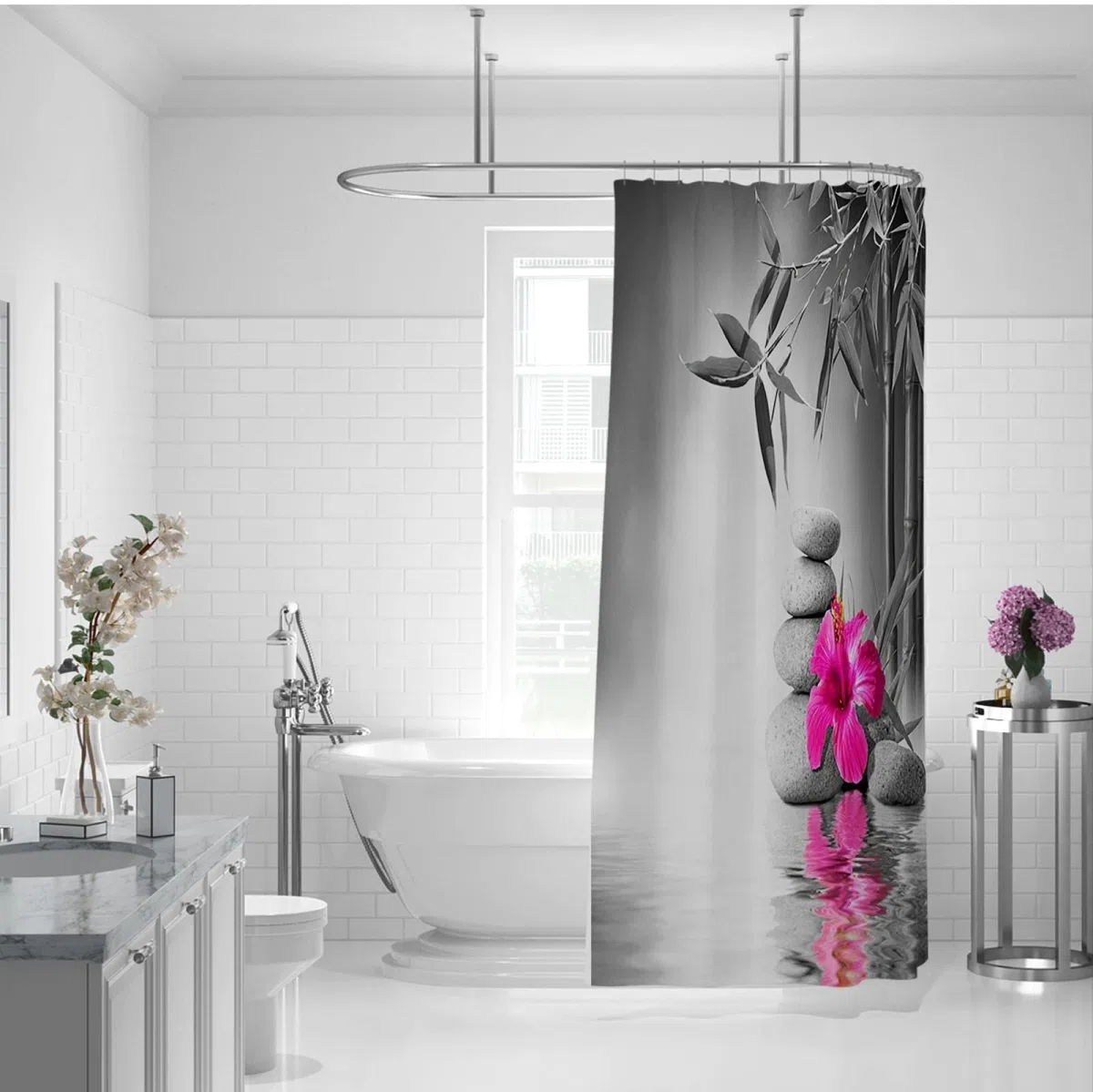 RIVINE Tenda da doccia spa in bianco e nero Set Stone Green Bambù viola Fiore di loto riflesso in acqua Bagno Vasca da bagno Home Decor W100xL160cm