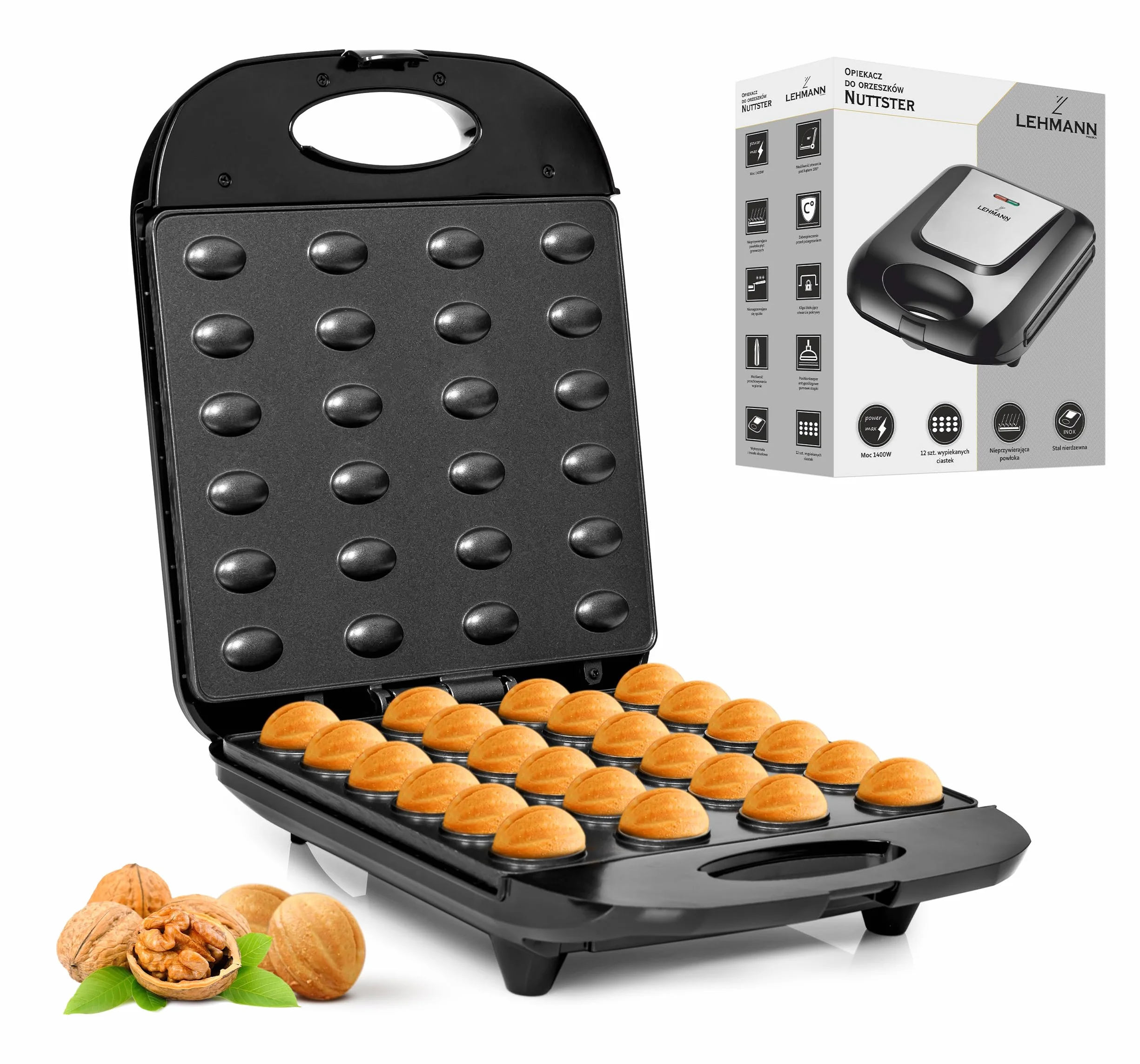 LEHMANN Macchina per Noci Dolci Elettrica,1700 W, Piastra per Noci Dolci con Rivestimento Antiaderente, per 24 Mezze Noci, per la Farcitura con Crema, Macchina per Biscotti Elettrica Oreshki