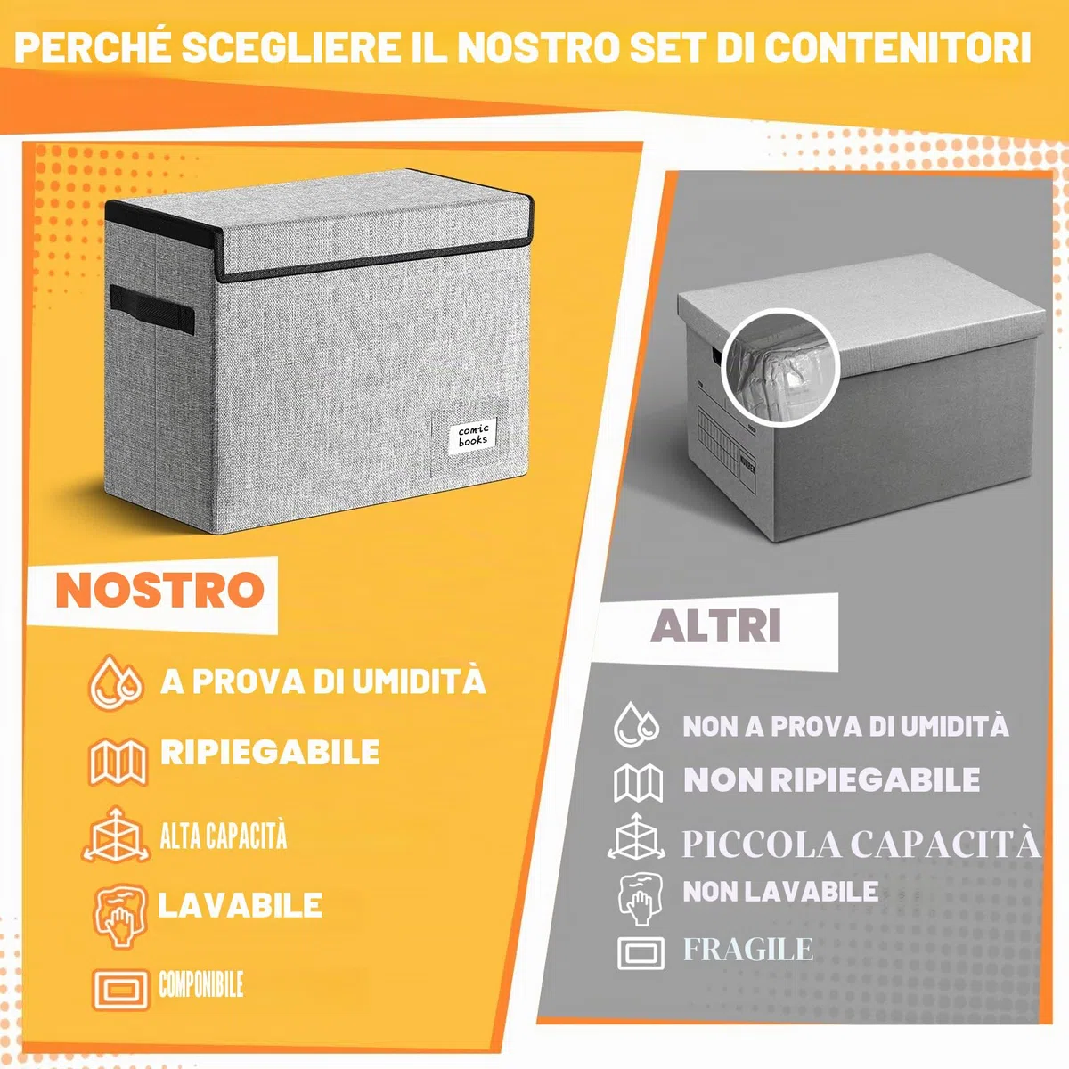 Leffis Scatola per fumetti, 39,4 x 19,1 x 28,7 cm, scatola corta pieghevole con coperchio, contiene 150 fumetti (confezione da 2, grigio)