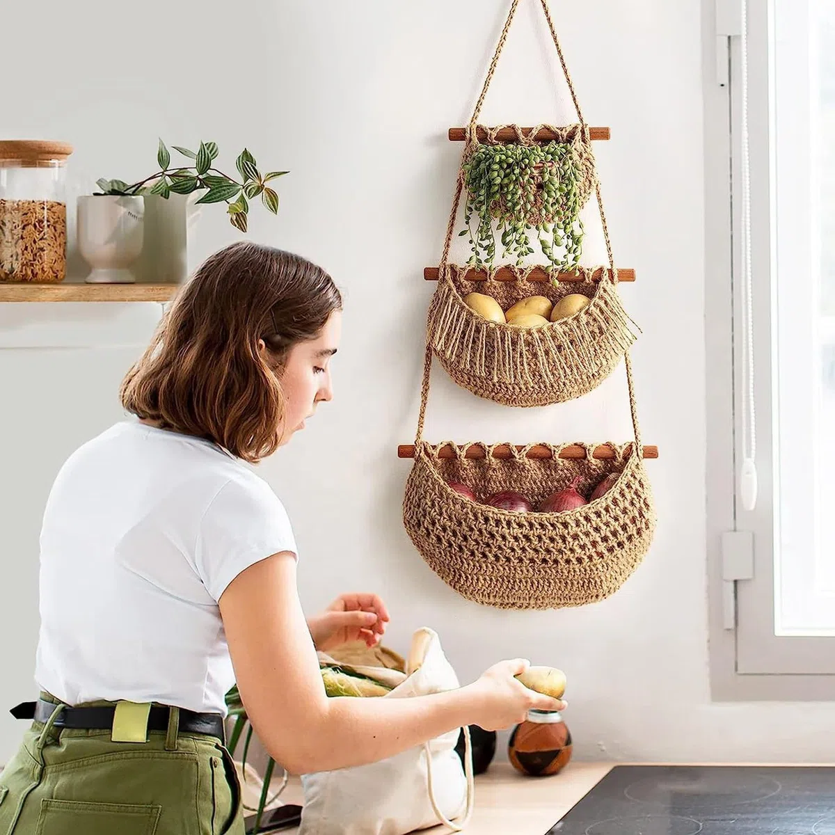 4 cestini da appendere alla parete, per frutta e verdura, in corda di iuta intrecciata, da appendere alla parete, organizer da appendere alla porta, con 8 ganci, per cucina, camera da letto, bagno