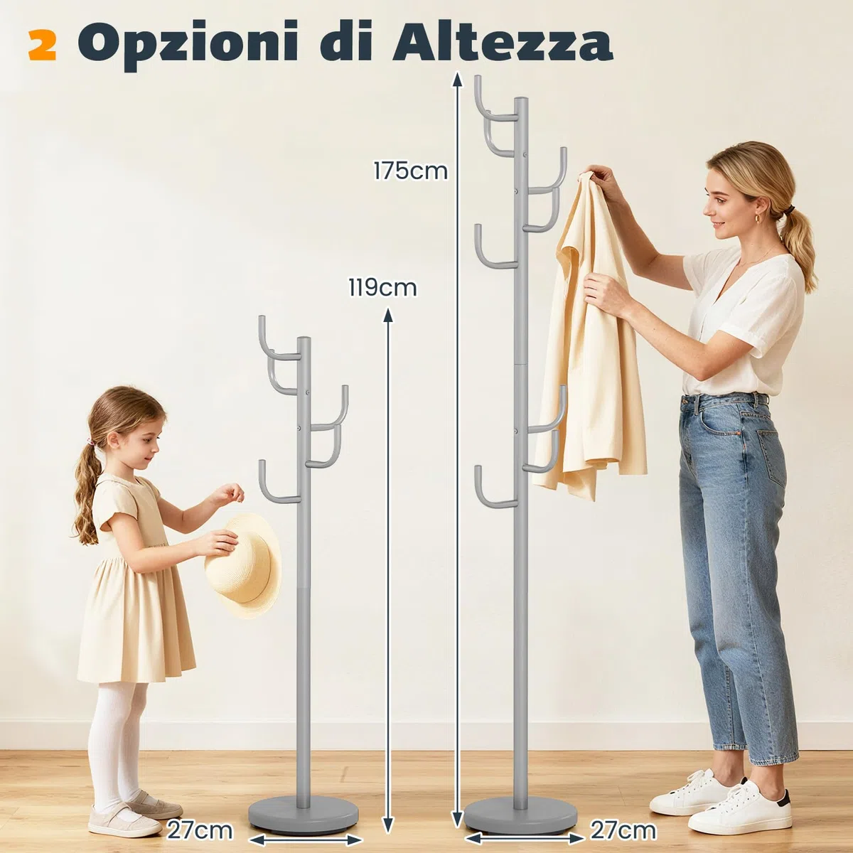 COSTWAY Appendiabiti 175 cm, Attaccapanni da Terra con 8 Ganci, Base Ponderata, Appendiabiti in Metallo Robusto con 2 Opzioni di Altezza per Ingresso Ufficio Camera da Letto