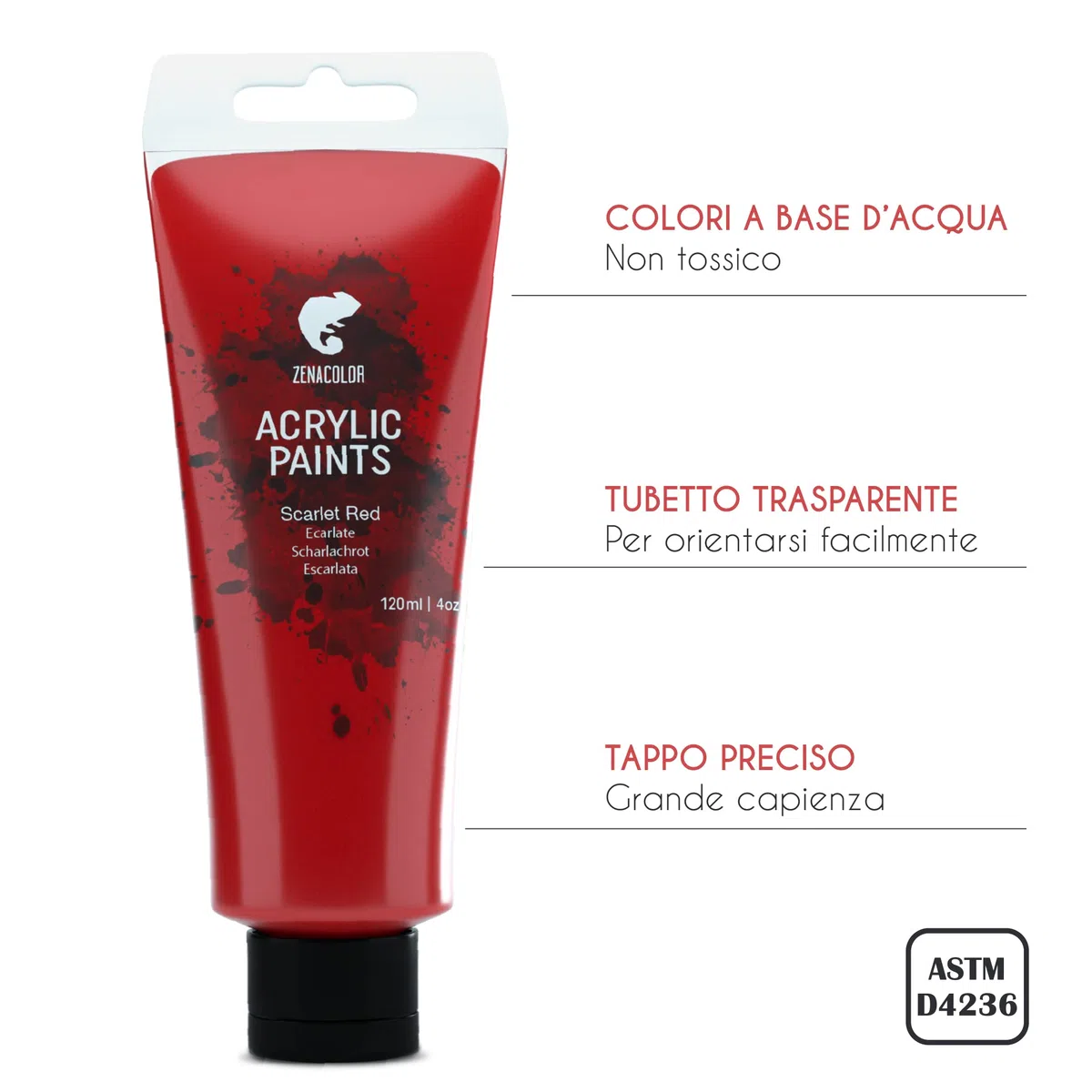 Zenacolor Kit di 24 Colori Acrilici, 24 Tubetti da 120 ml, 24 Colori Tempere per Dipingere, per Legno, Bricolage, per Adulti.