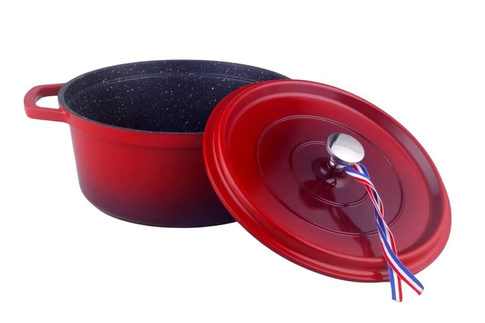 Kamberg 0008186 Cocotte, Diametro 16 cm Rotonda Rosso Fiamma, Fusione di Alluminio, Rivestimento Effetto Pietra, Compatibile con Tutti i Piani Cottura, Incluso Quello a Induzione, Senza PFOA