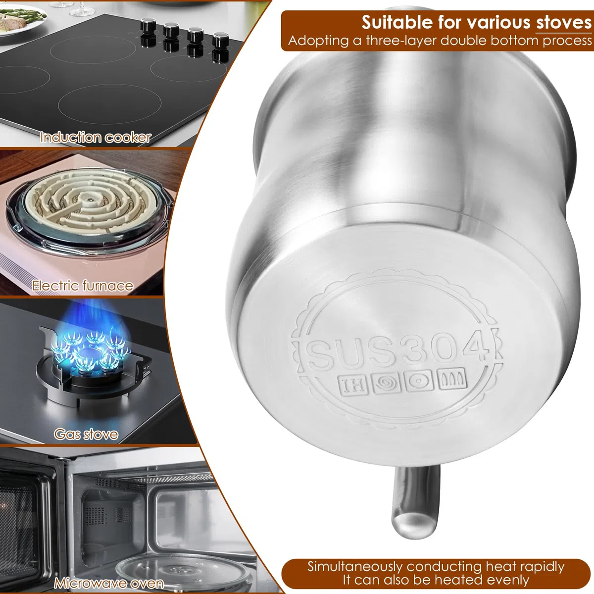 Pentola in acciaio inox con coperchio in vetro, pentola per latte da 2 litri, coperchio con foro per vapore, pentola a induzione con manico e beccuccio, pentola universale per tutti i piani cottura