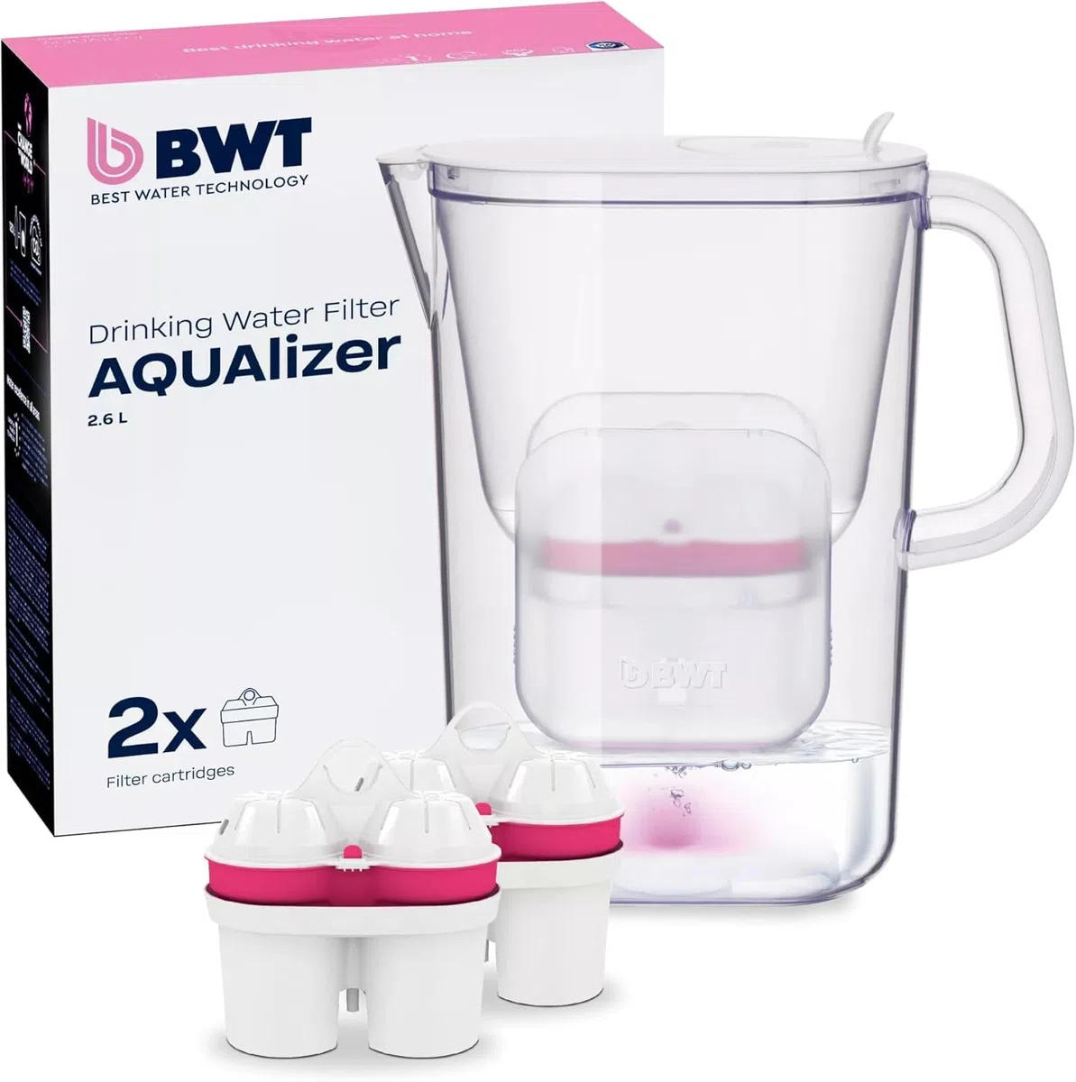 Caraffa filtrante BWT AQUAlizer 2,6 l con 2 filtri magnesio | depuratore acqua domestico | acqua naturale da rubinetto | filtri caraffa BWT per cucina, tè, caffè, bevande fredde e calde