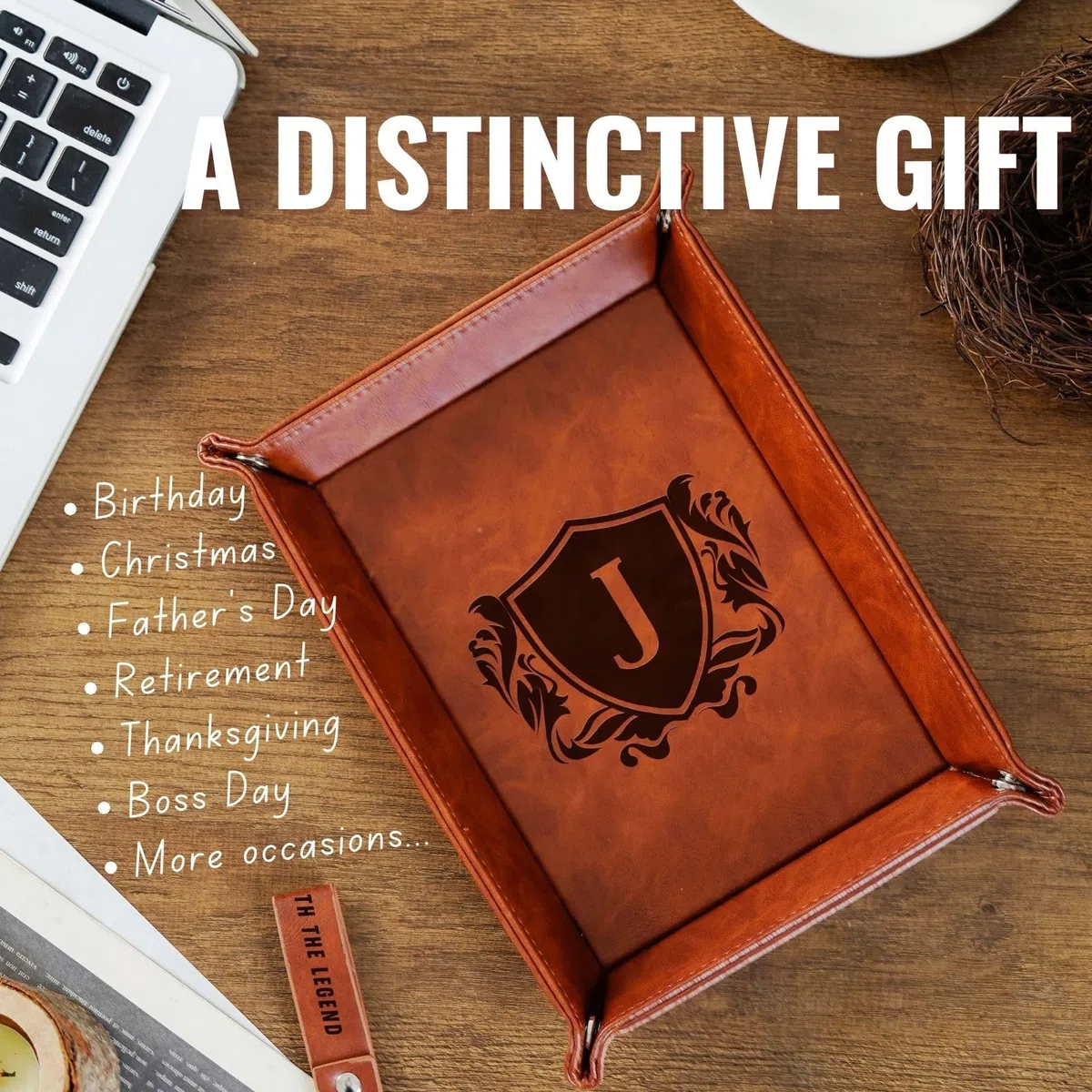 INNObeta Vassoio con iniziale, organizer da scrivania, con monogramma in pelle PU, vassoio da comodino portachiavi portamonete, regalo personalizzato per uomini, compleanno, Natale, lettera L