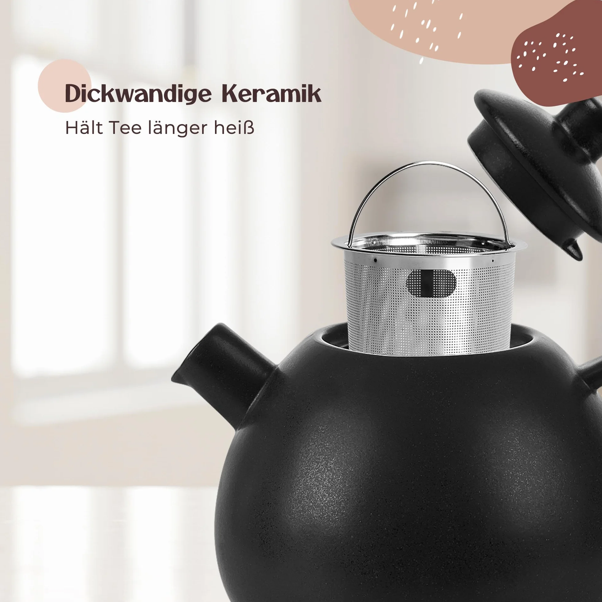 Grande teiera con filtro – 1,4 l – Teiera in ceramica – moderna teiera con colino per tè sfuso, robusta e insapore (antracite)