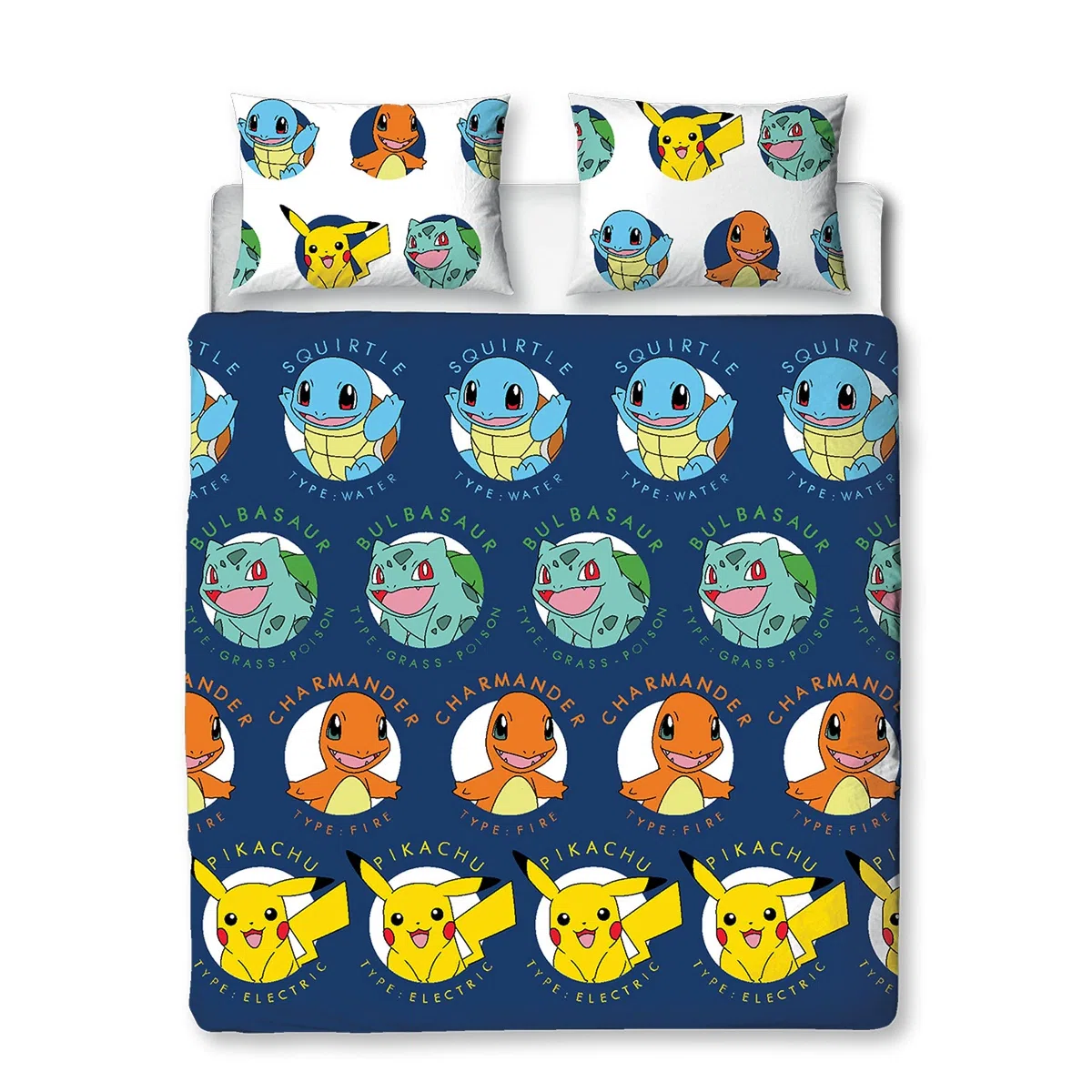 Character World Set copripiumino matrimoniale ufficiale Pokemon Gotta Design | blu reversibile Pikachu Squirtle Charmander 2 lati biancheria da letto prodotto ufficiale con federe coordinate