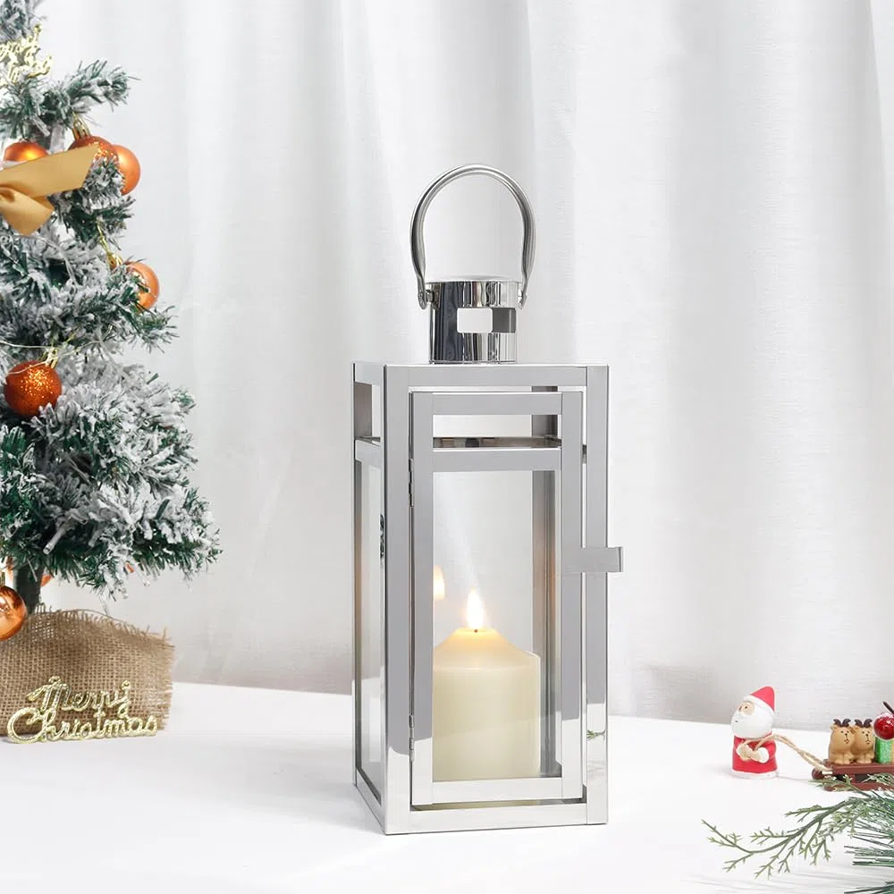 TRIROCKS Lanterna Decorativa in Acciaio Inossidabile 30 cm Alta, Portacandela a Sospensione con Pannelli di Vetro Trasparente, Perfetta per Decorazioni Casa, Soggiorno, Eventi (Argento)