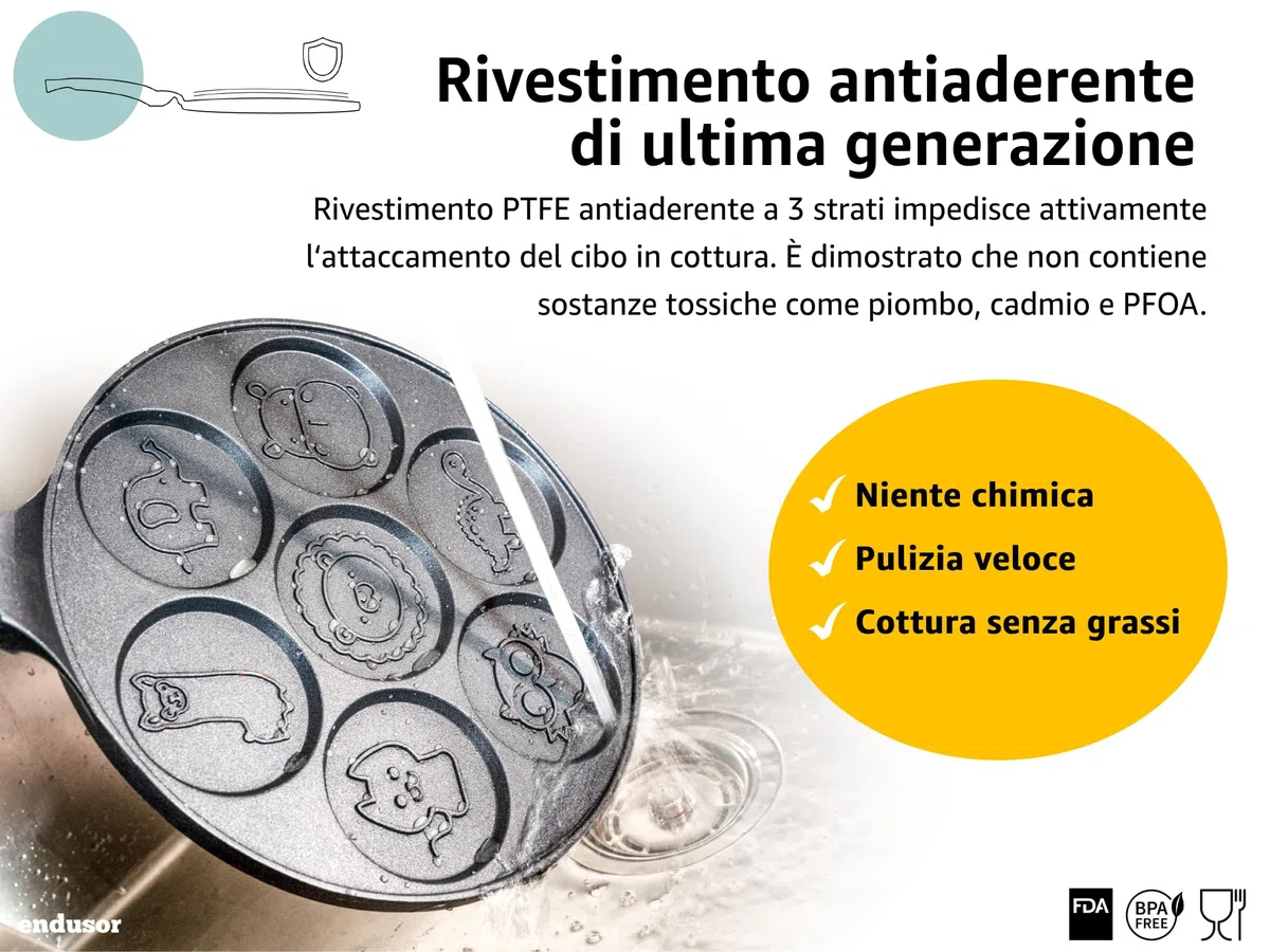 endusor Padella per Pancake Animali per Bambini - Ø26cm Padella per Pancake antiaderente | Per Fornelli a Induzione Gas Ceramica Elettrici | Piastra 7 stampi divertenti per Pancakes Motivo Animali