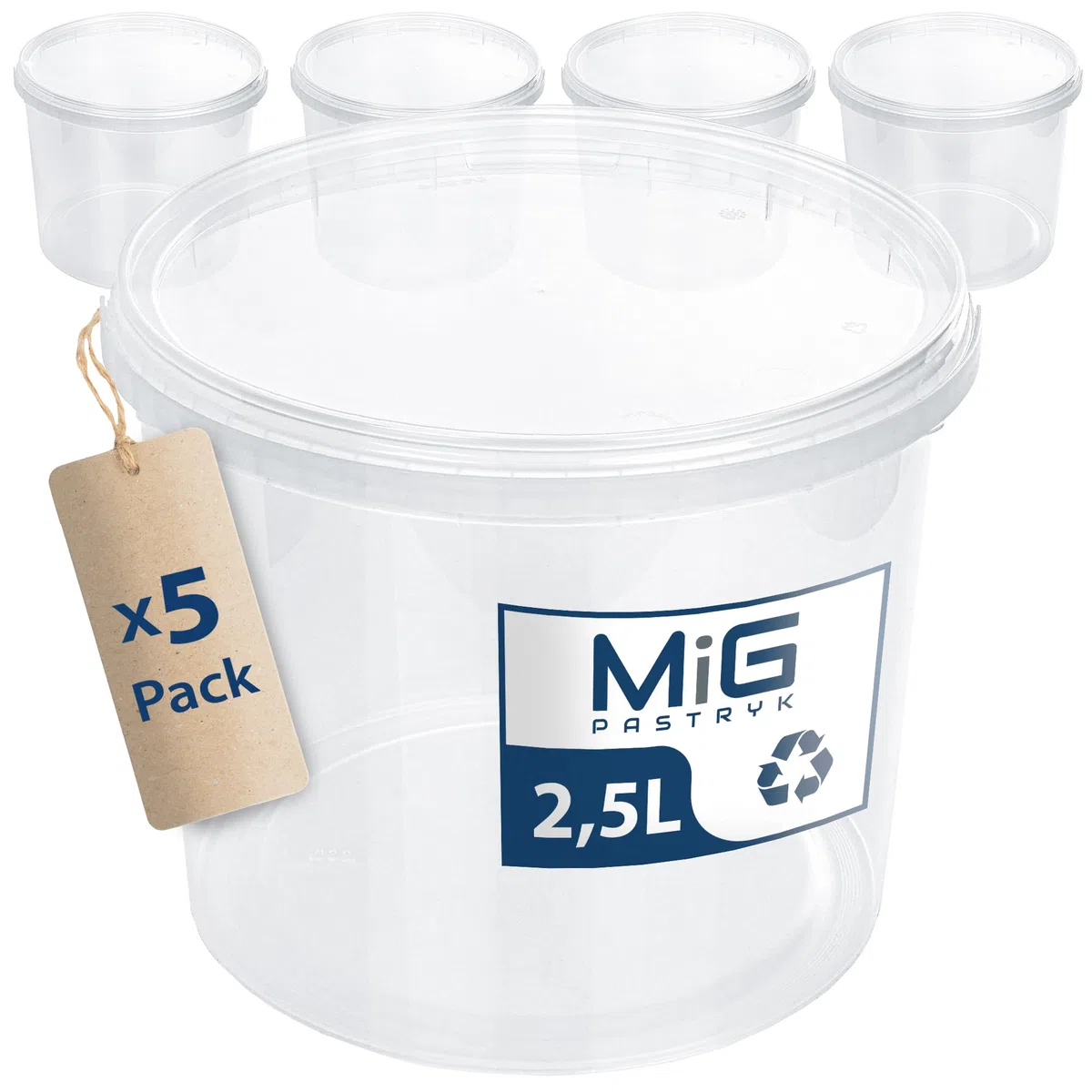 MIG Secchio trasparente con coperchio, 2,5 l, 5 x 2,5 l, ermetico e per uso alimentare, secchio in plastica con coperchio, piccolo secchio impilabile per casa e industria, secchio ideale con coperchio