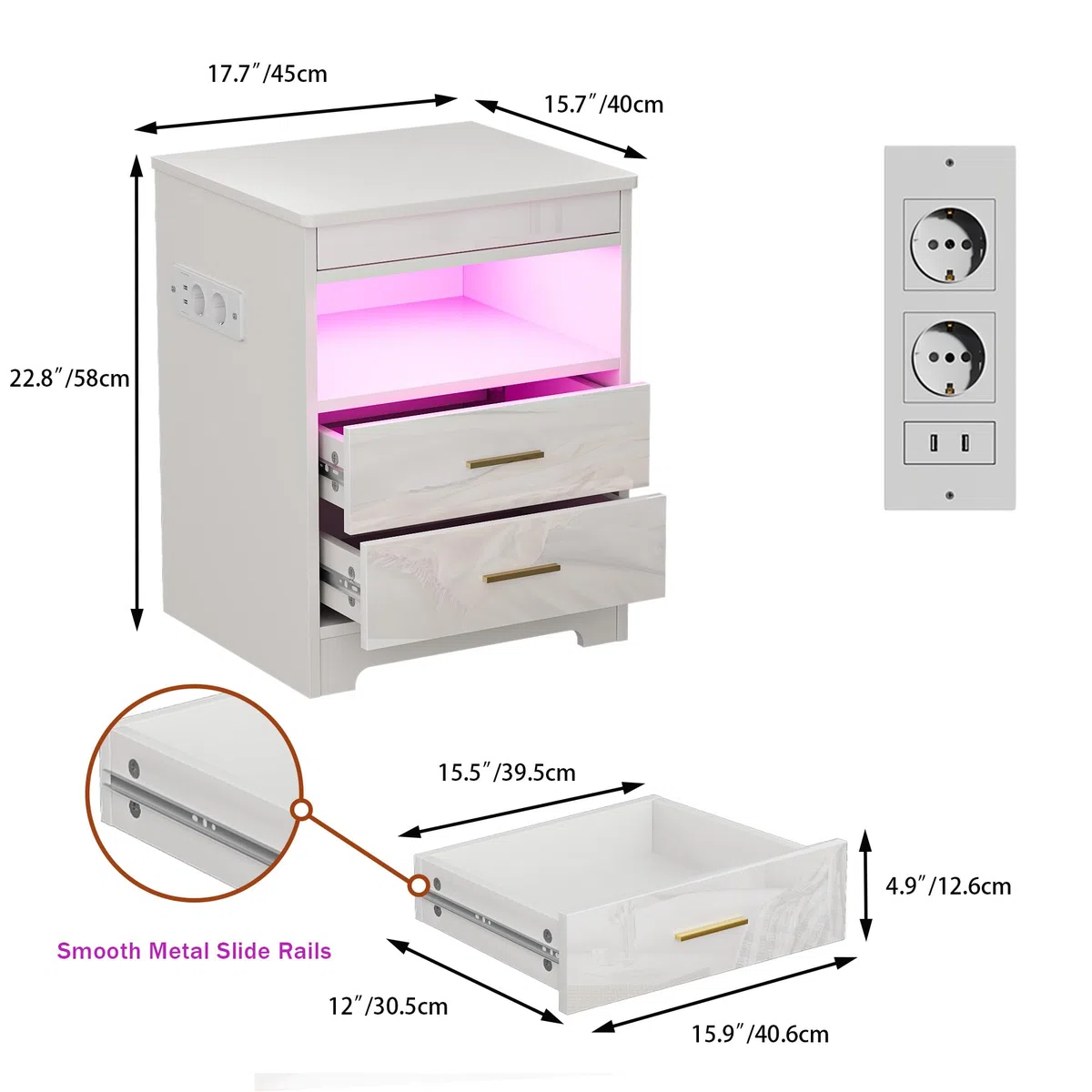 Comodini Camera da Letto con 2 Prese AC/2 Porte USB E 1 Luce LED RGB, Comodino con 2 Cassetti E 1 Ripiano Estraibile E 1 Divisorio Aperto,Salvaspazio per Camera da Letto E Studio (45x40x58cm, Bianco)