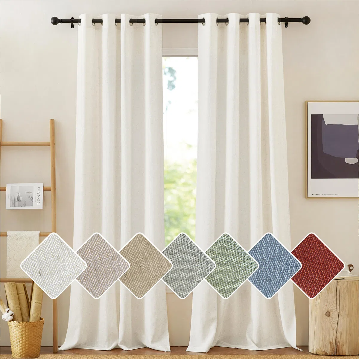 PONY DANCE Tende Lino 200g/m² Salotto Moderne 2 Pezzi L 140 x A 245 CM Tende Semitrasparenti Soggiorno con Anelli Linen Curtains Camera da Letto Moderna, Crema