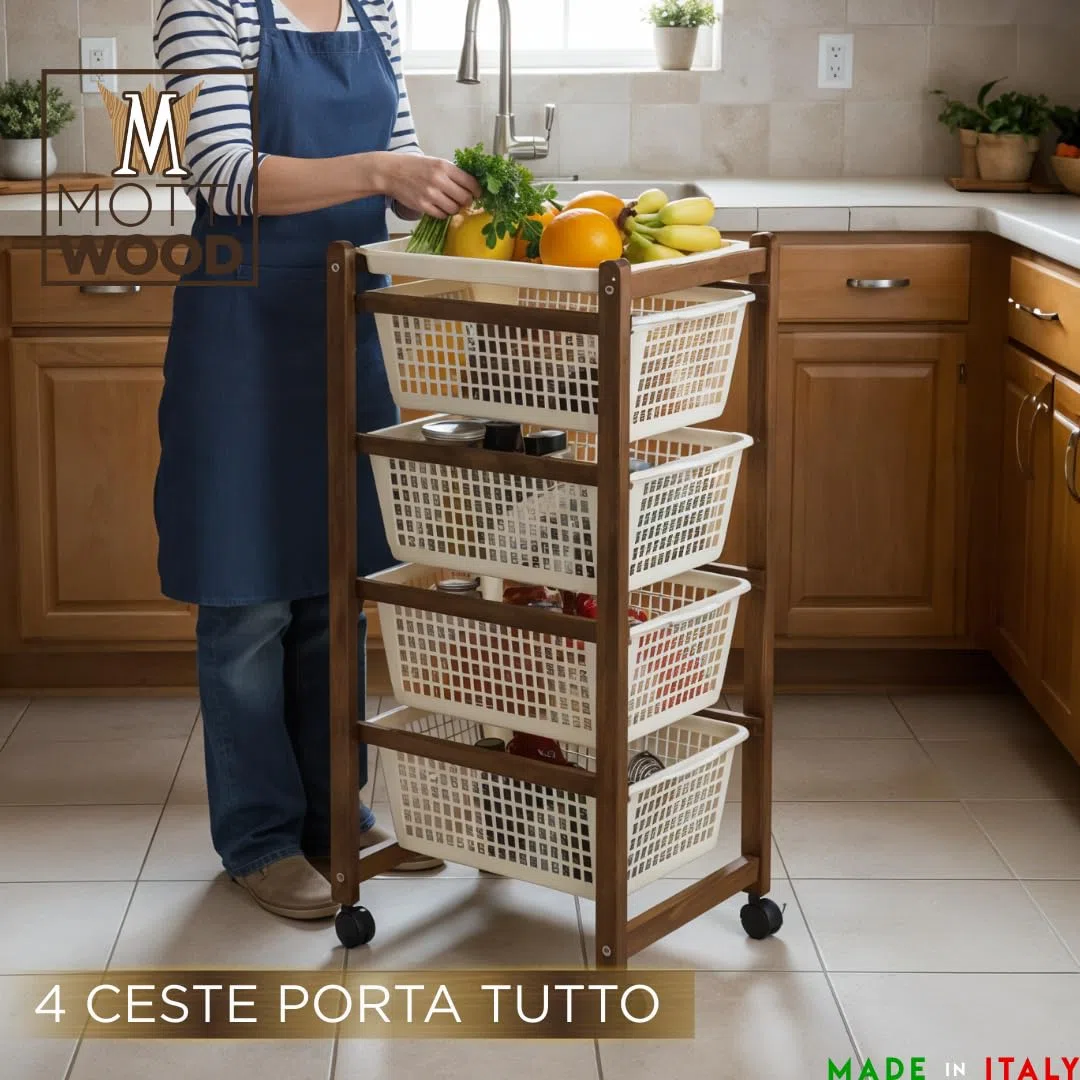Mottiwood Carrello da Cucina, Carrelli Salvaspazio, 4 Ceste, Legno di Faggio Naturale, 36.2x30x82.3 cm, Montato, Made in Italy (Color Noce)