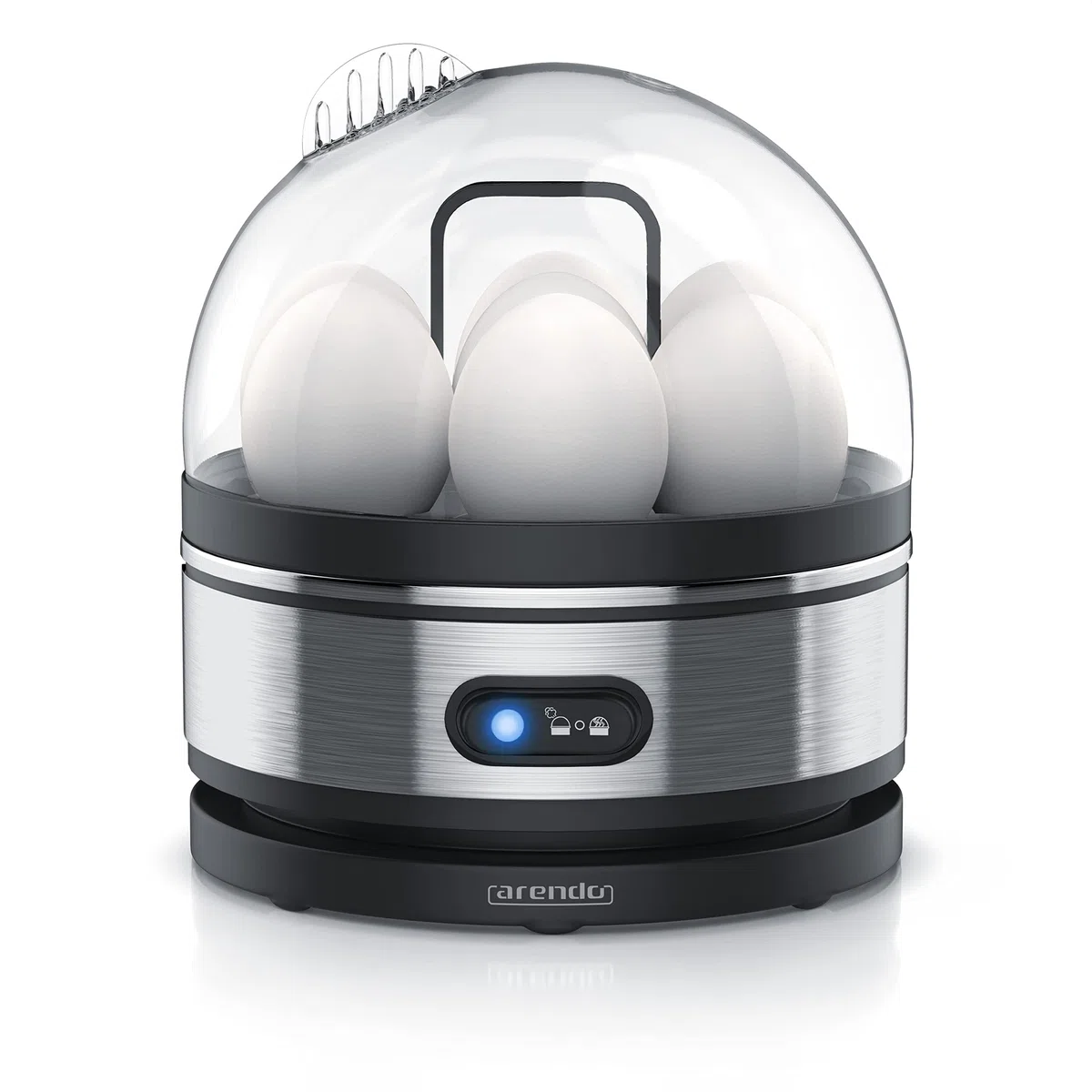 arendo - Cuociuova Sevencook - da 1 a 7 Uova - Bollitore per Uova in Acciaio con Funzione di Mantenimento del Calore - Grado di durezza Regolabile alla Coque Medio e sodo - Nero Argento