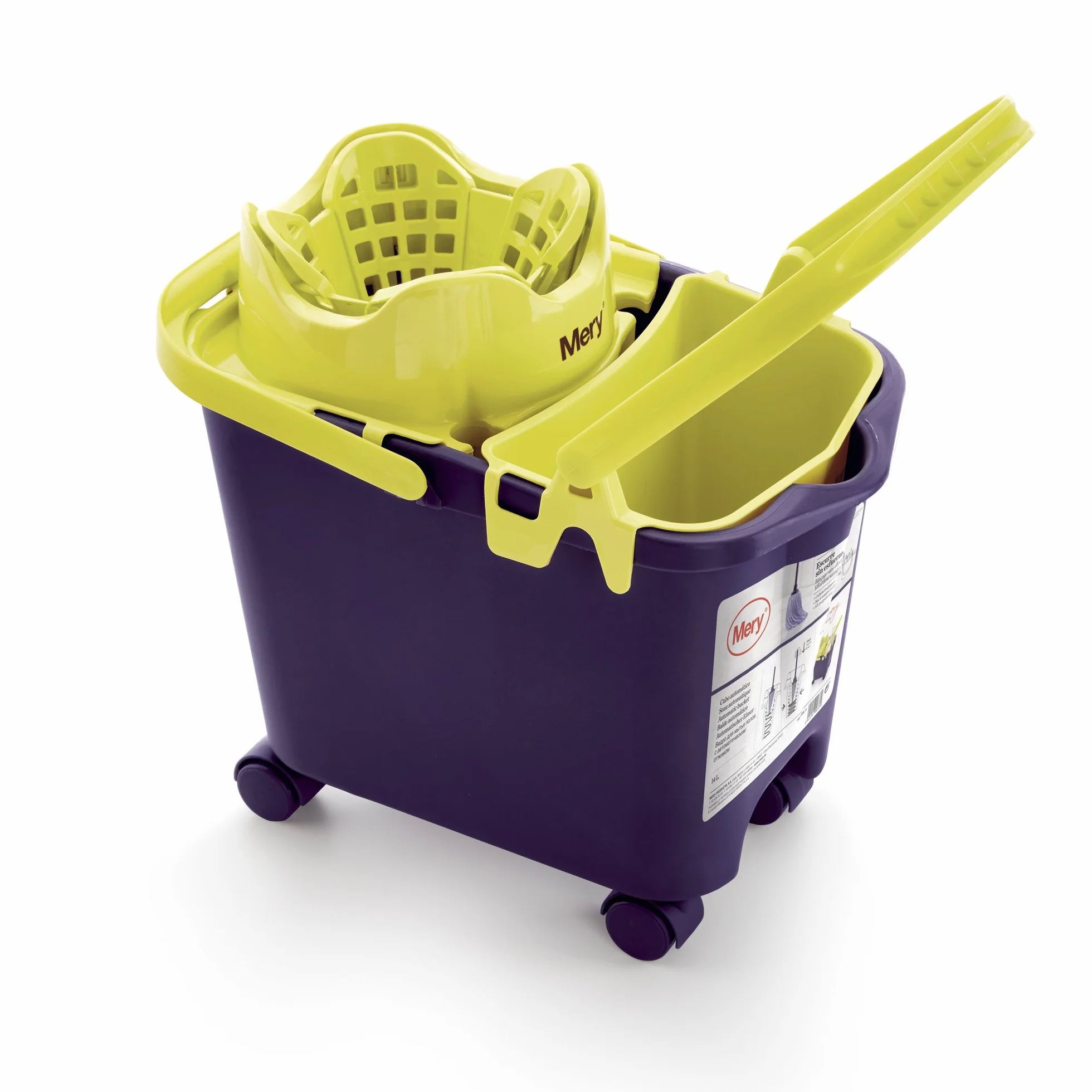 Mery - Cubo Strizzatore Automatico con Sistema a Molla, 4 Ruote Girevoli, e Canalizzazione per Lo Scolo, Adatto a Tutti i Mop, Viola e Giallo, 14 L