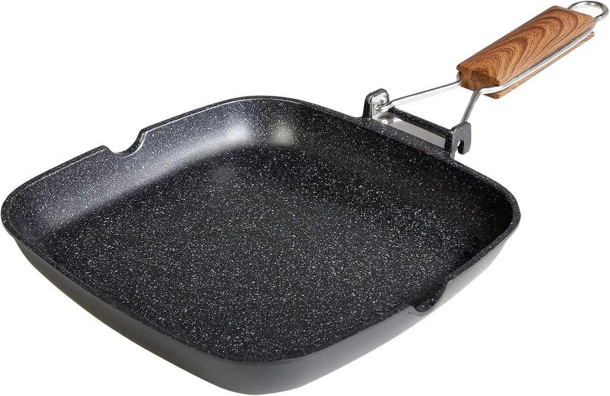 WECOOK! Ecochef Titanio Bistecchiera Liscia, Induzione, 24x24cm, Antiaderente QUANTANIUM Ecologico senza PFOA, Alluminio Fuso, 5mm di Spessore, Manico in Legno Pieghevole, Vitroceramica, Gas