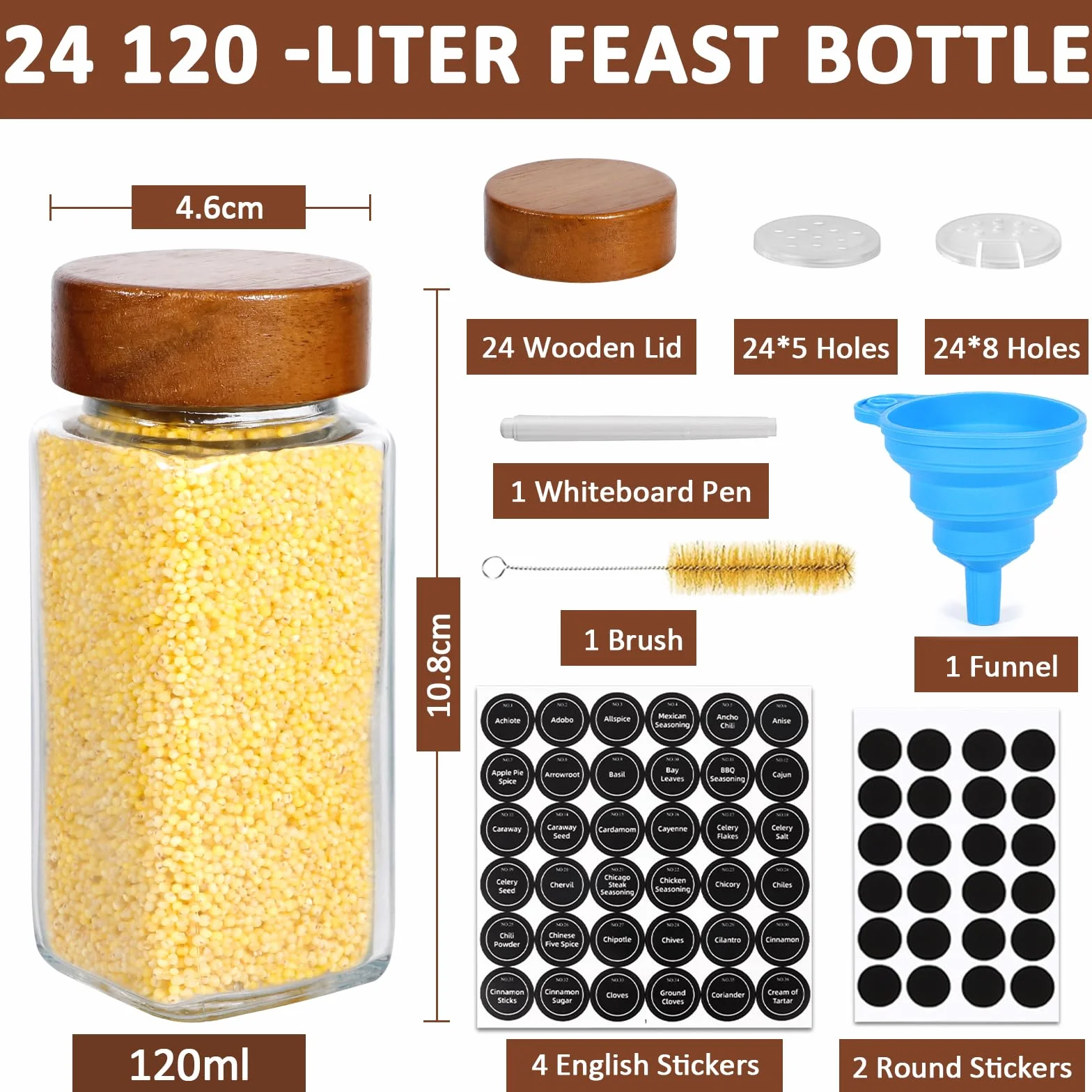 MOYKSRR Barattoli Spezie, 24pcs 120ml Barattoli Portaspezie Quadrato con Coperchi in Legna, Vasetti Portaspezie Vetro, Contenitori Spezie per Cucina con Setaccio,Etichette,Spazzola, Lmbuto