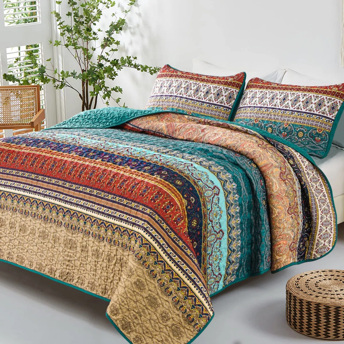 WONGS BEDDING Copriletto 220 x 240 cm, copriletto bohémien, 3 pezzi, per letto matrimoniale, in microfibra, con 2 federe da 50 x 75 cm, per camera da letto, divano, colore: marrone
