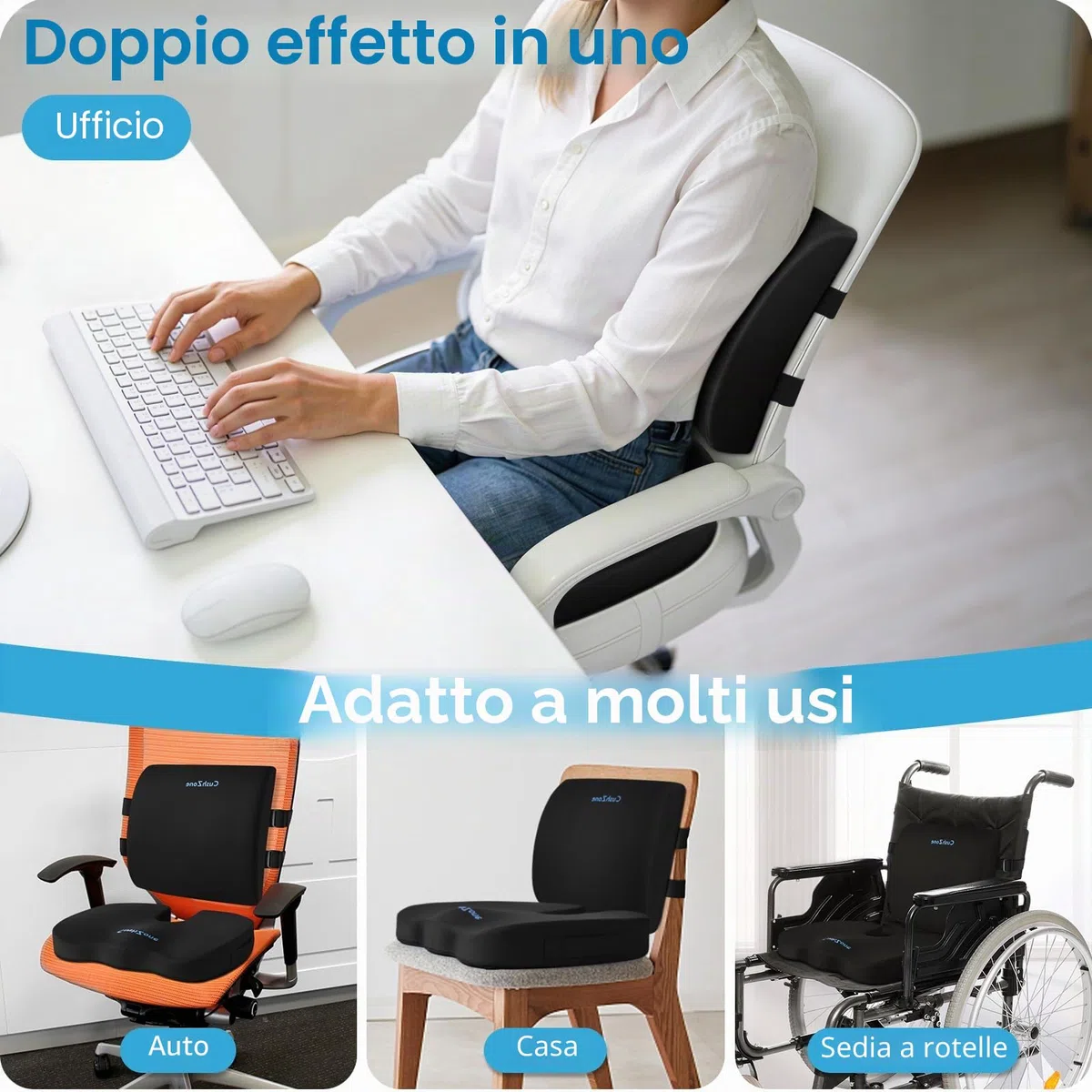 CushZone Cuscino da seduta, cuscino lombare con cinturino regolabile, per alleviare il dolore sciatica, con rivestimento lavabile in memory foam per auto, viaggio e sedia a rotelle, nero