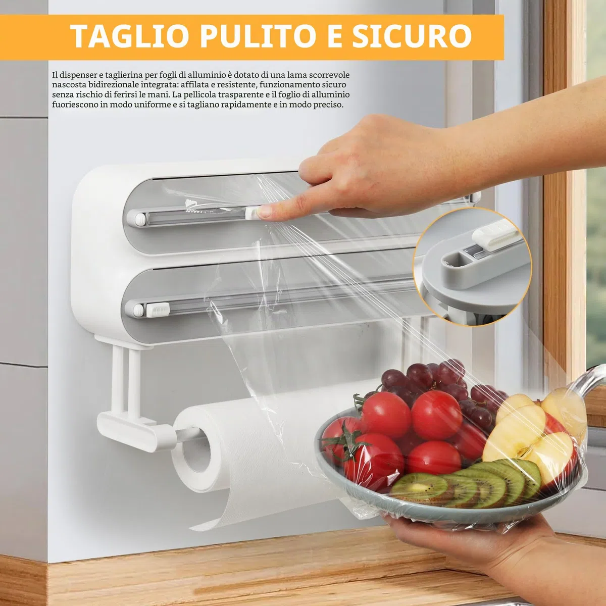 Dispenser e Taglierina Magnetica per Pellicola Trasparente - Supporto per Rotolo da Cucina 3 in 1 Montato a Parete, Quasziwa Dispenser Carta Stagnola in Alluminio con 50M Pellicola Alimentare, Bianco