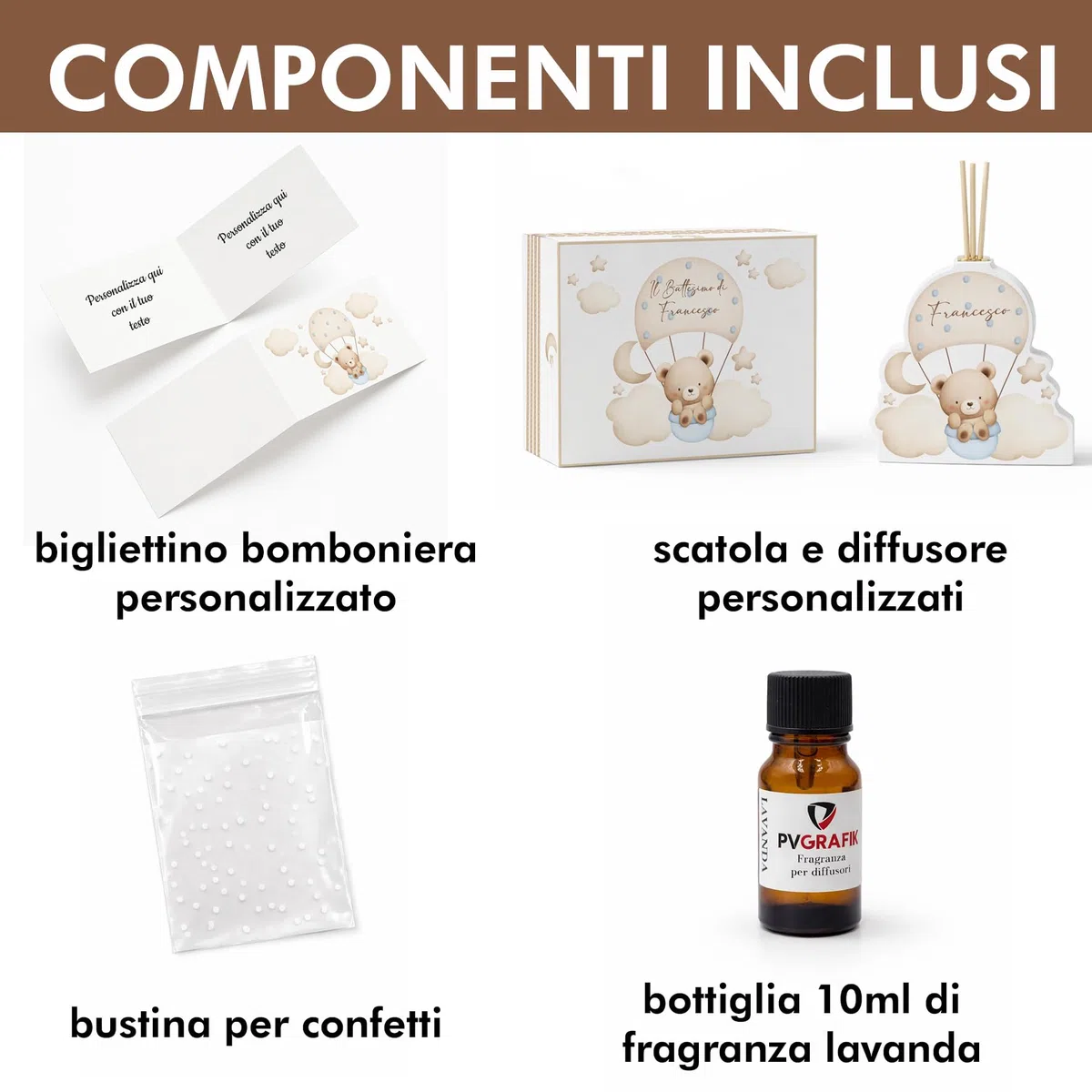 PV Grafik 5pz Bomboniera Profumatore Battesimo Maschio Personalizzato, Completa di Scatola Personalizzata, Bomboniera Battesimo Personalizzata, Profumatore Personalizzato. (ORS_BOY)