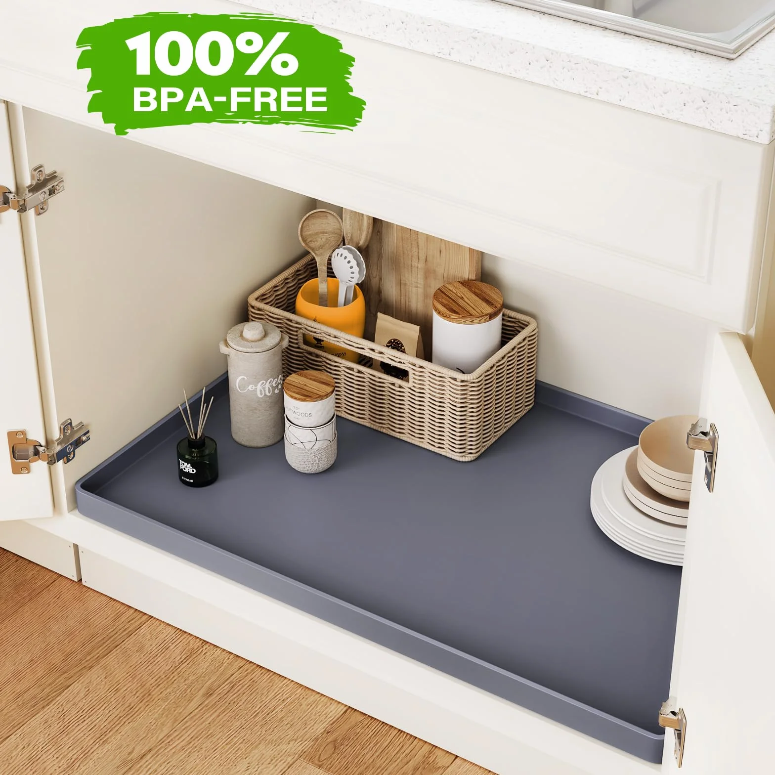 FLATO Tappetino impermeabile sotto il lavandino 86,4 x 48,3 cm, rivestimento per ripiano per cucina e bagno, protezione per armadietti, organizer e stoccaggio, vassoio antigoccia in silicone